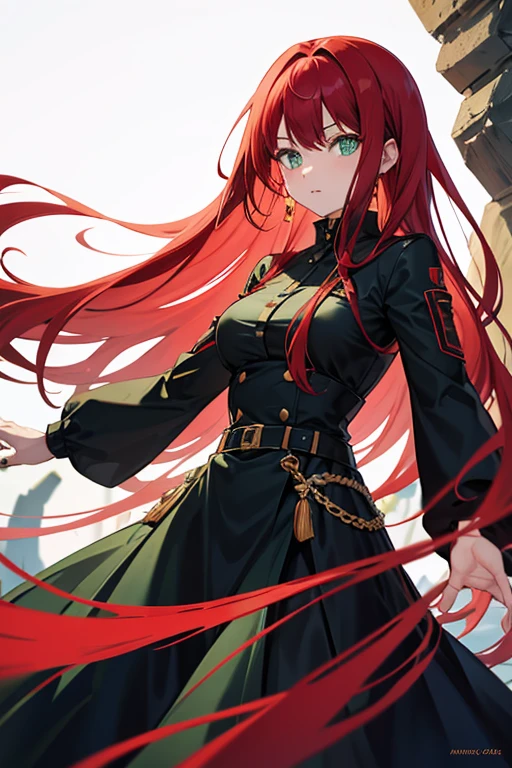 red hair green eyes long hair black clothes aura girl