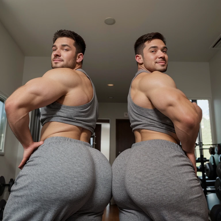 Two male college football players, muscular, jocks, at the gym, athletic, shirtless, dark brown hair, wearing grey sweatpants, big butt, huge ass, curvy men, comically massive ass, bubblebutt, thick, thicc, thick ass, thick legs, thick thighs, huge butt cheeks, ass huge, showing butt to camera, smiling, looking back at camera, big booty, boy booty, men with huge butts, men in grey sweatpants, showing off ass, absolutely massive butt, enormous ass cheeks in grey sweatpants, full ass, round ass, juicy ass, expansive ass, tight sweatpants, filled sweatpants, perky fat butt cheeks