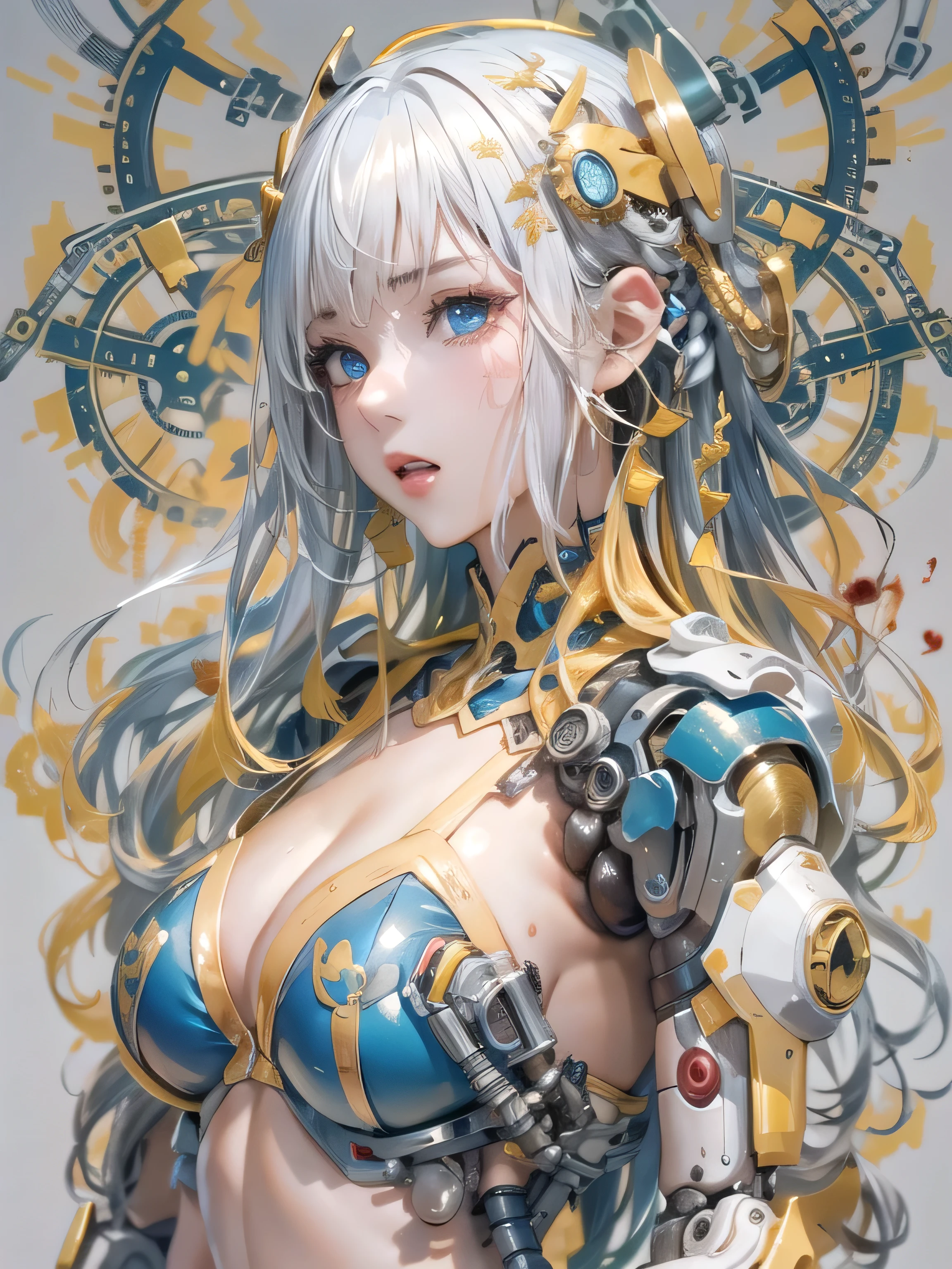 (photorealistic:1.8, highest quality:1.8,8K masterpiece:1.8,High resolution,muste piece:1.8,RAW Photos,cinematic lighting),No split screen, cyber punk、graduate School、wet floor、 (1 android girl:1.3)、Completely naked、Full body tattoo、choker、beautiful breasts、T-shirt、beautiful butt、beautiful thighs,plump nipples、(Nipples visible through clothing)、cameltoe、
(mechanical art: 1.4)、(mechanical limbs)、(blood vessels attached to tubeechanical spine attached to the back)、(Mechanical cervical vertebrae attached to the neck)、
Body painting with a pop design drawn all over the body、pop art design、Metallic art、cutting edge fashion、conceptual art、 (Beautifully shining vermilion, yellow, blue, white, silver, and gold hair:1.5)、shining blue eyes、Stoic