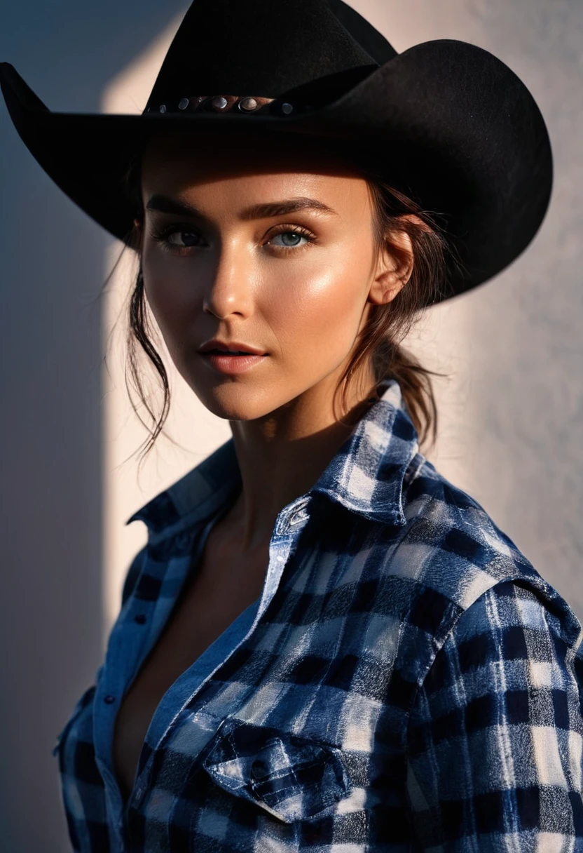 rachel_cook, woman, ((portrait, open flannel shirt , cleavage, medium brests, black pants, cowboy hat)), gym, ((detailed skin texture,dark night, midnight)), ((sharp face, detailed face, realistic face, natural skin, realistic skin, detailed skin, pores, detailed eyes,realistic eyes, light blue eyes)),, (masterpiece, best quality, ultra-detailed, best shadow), high contrast, (best illumination), ((cinematic light)), colorful, hyper detail, dramatic light, intricate details, (1 girl, solo) , ultra detailed artistic photography, dreamy, backlit, shadows, ultra high definition, 8k, ultra sharp focus, ultra high quality model, soft lighting, film photography, analogue photography, hyperrealism,