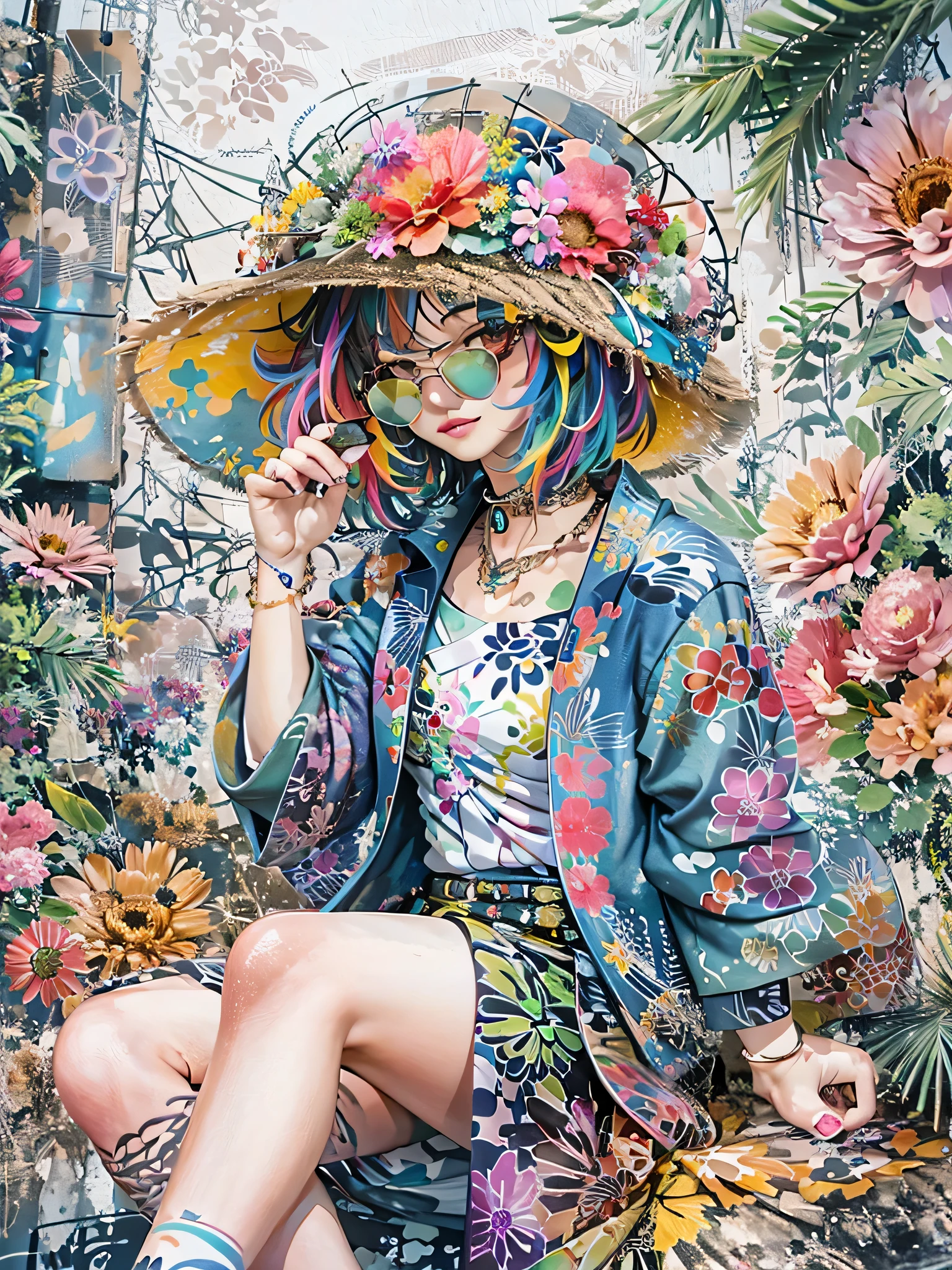 8K quality, watercolor painting, stylish design, (((The strongest beautiful girl of all time))), (((Japanese)))、Idol、clear, Stylish sunglasses, Fashionable hats, (((highest quality))), bob hair, HDR, ((Detailed details)), stylish fashion, detailed clothing texture, (((graffiti art))), colorful hair, ((masterpiece))、((Super detailed))、(((colorful flowers)))