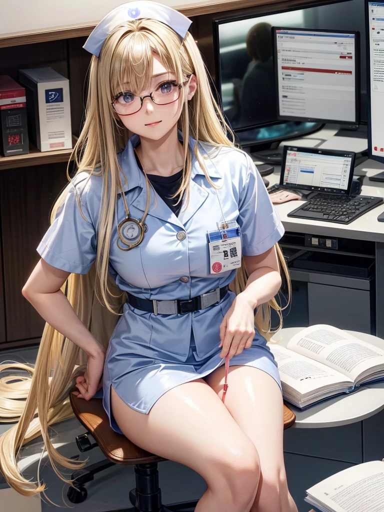 20 year old female、shiny hair quality、beautiful blonde、straight hair、bob hair、Glasses、Glasses美人、nurse、nurse、health check、consultation、病院でconsultationをするnurse、美人nurse、adult woman、adult clothing、high heels、perfect skeleton