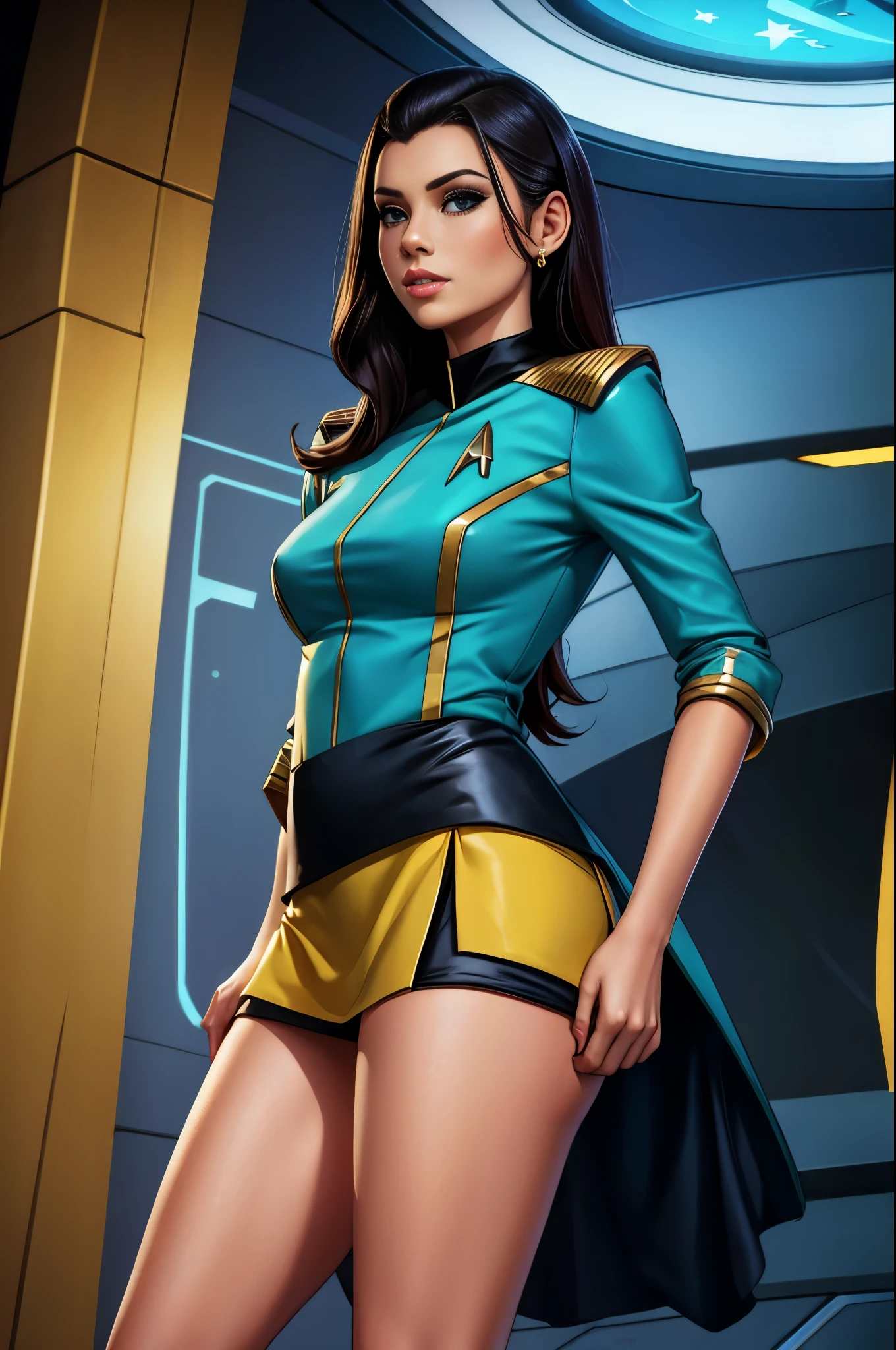 gorgeous young woman in Star Trek uniform, TOS, short skirt