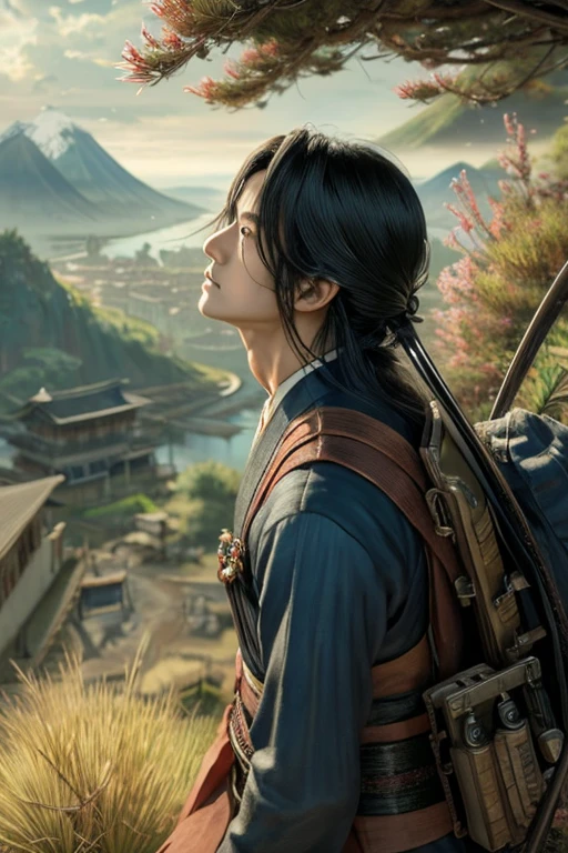A beautiful depiction of Ryoma Sakamoto, a great Japanese figure., high quality, Ultra-detailed CG illustration of Ryoma Sakamoto with a calm expression,Looking into the distance in Japan at the end of the Edo period. The scenery behind him is vast and breathtaking, Draw the viewer into a world of surprise and exploration.