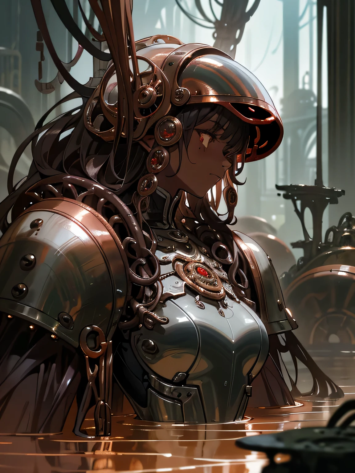 dark fantasy, tentacle biopunk horror, (gloomy automaton girl), (dark mechanical girl), dark skin, dark brown skin, brown skin, (copper skin), metallic gloss, silver breastplate, mramor helmet, massive iron rings, (less clothing), devastated flooded gothic environment, (cold lighting), highly detailed art, many details, extremely detailed background