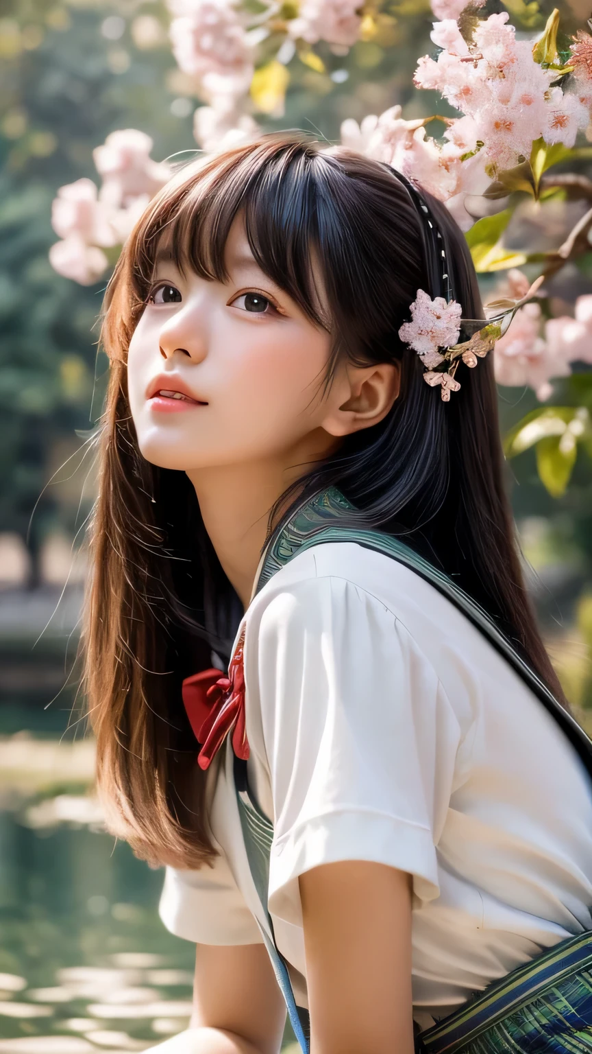 Dragon Ball bloomers, futuristic scene, Mechanically enhanced Japanese high school girl、Elegant in an elaborate garden. She has beautifully detailed eyes and lips that complement her face. high school girl。.uniform。.。.。.。.。.。14 year old girl.. Around her are bright cherry blossoms and a quiet carp pond. The scenes are drawn using a combination of illustration and photorealism, cherry blossoms blizzard,Highly detailed brush strokes and sharpness, bright colors. Lighting that highlights the elegance of the uniform, gives softness to the skin, porcelain shine。. Artwork is of the highest quality, Exquisite costume details on display, cherry blossoms, . The overall color scheme is、、、、、、、、、、、traditional Japanese color combinations, crimson, hang on., bus stop、Swing、Headphones around the neck、Side view、Side view、whole body、hand between legs、high school student、from far away、Open the center