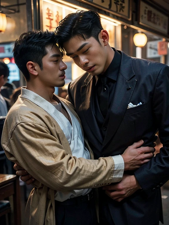 masterpiece, Best Quality, two men, handsome athletic well-dressed 30 year old japanese mafia gangster Man hugging a muscular 30 year old muscular taiwanese hawker man, directly staring at each other romantically, hands stroking face, gentle smile, soft hair, exposed chest, full body, telephoto, super sharp focus, photorealistic, perfect hands, perfect fingers, perfect face, perfection, creative artistic framing, creative artistic angle, hongkong in the 70s setting, cinematic lighting, sexy, gay, homoerotic, scene evokes beautiful emotions of immense love and nostalgia, nostalgic, vintage photography, intricate details, highly detailed, rule of thirds, golden ratio, fill frame