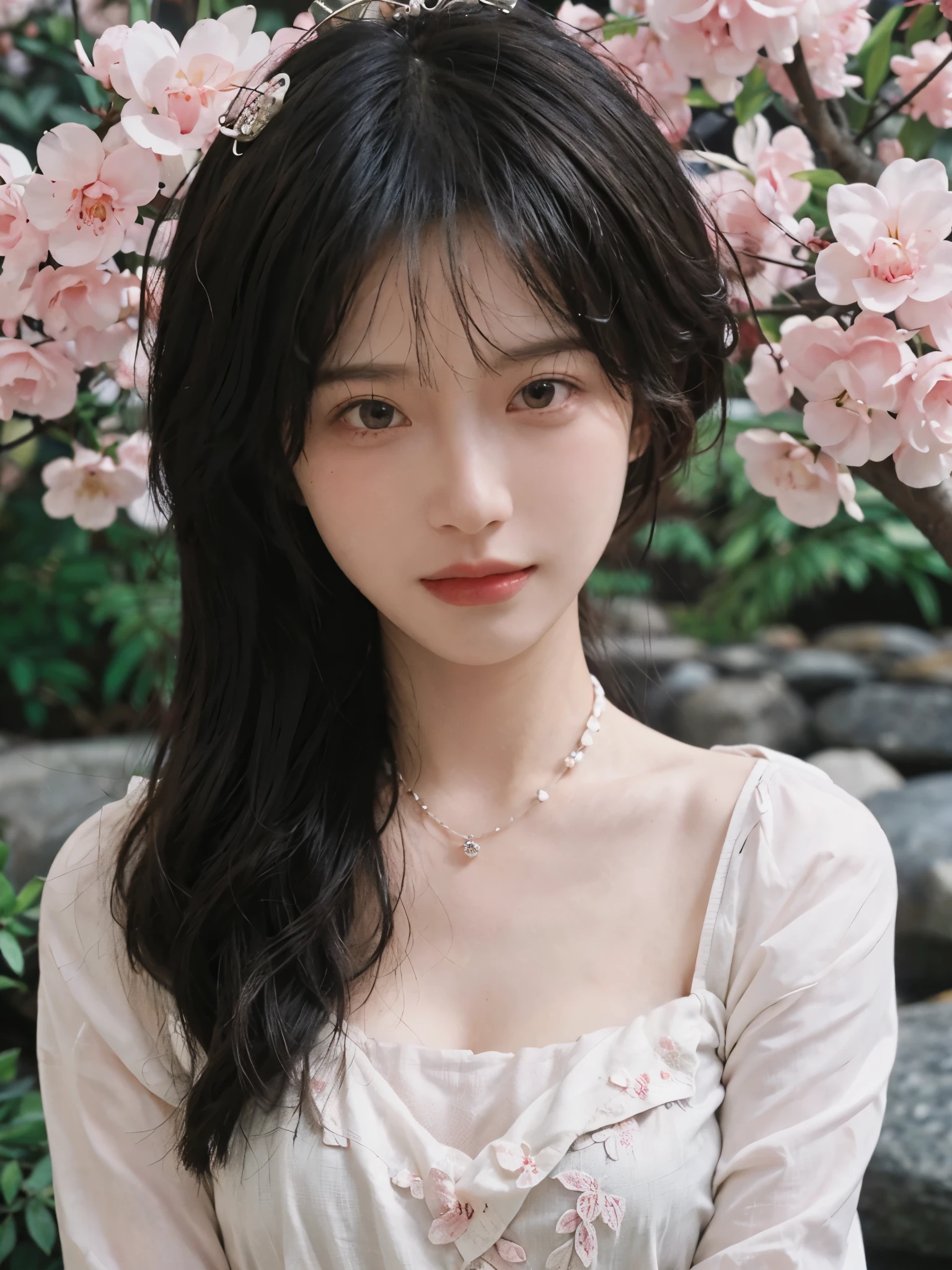 best quality， ultra high resolution， （realistically：1.4）， Cute tiara，Baoyu Girl， A pair of clear and charming peach blossom eyes,Royal sister，The sun shines on the face，Long curly hair，（in the cherry blossom tree：1.4），（necklace：1.2），（White skin：1.4），（Full body female love：1.2）a sense of atmosphere，a beautiful girl，Looking directly at the viewer， Close-up cleavage ，(lifelike:1.4),1 girl,Sexy,(Upper body:1.4),(wet),(:1.2)