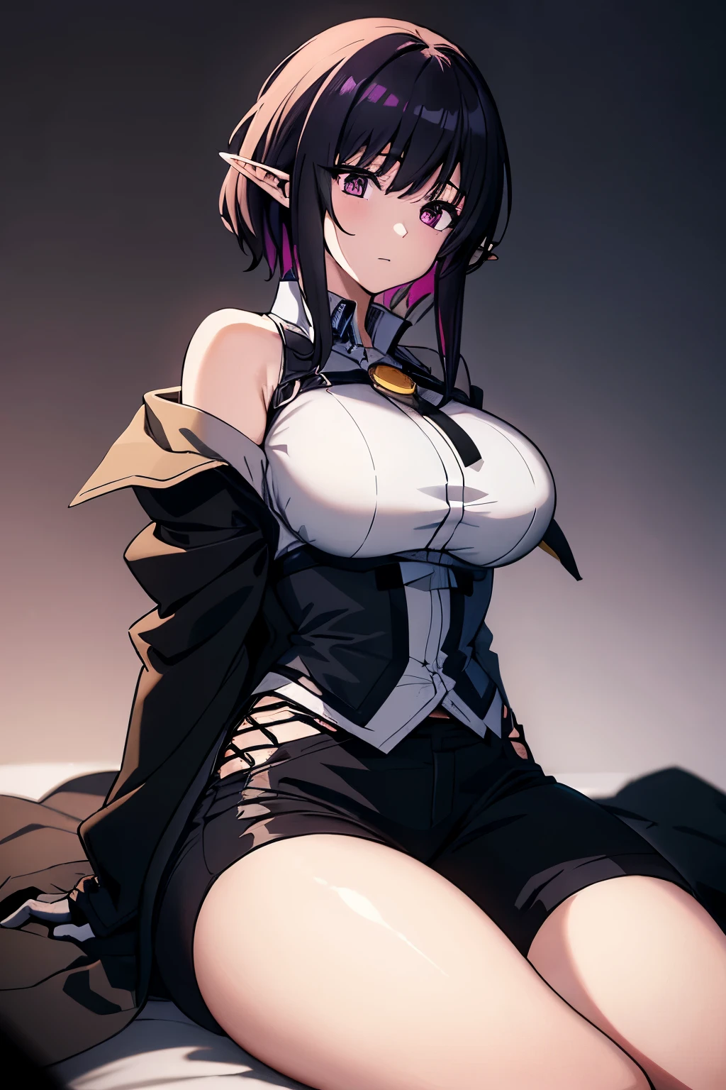 (Ultra Real), (Illustration), (High Resolution), (8K), (Very Detailed), (Best Illustration), (Beautiful Detailed Eyes), (Best Quality), (Ultra Detailed), (Masterpiece) very big breasts, Bare shoulders attractive legs, (busty), (perky) (huge ass) (bubble butt) human_feet, messy hair, black hair, (purple eyes:1.1), barefoot, 1girl, mole under eye, short hair, catlike puples, thick thighs, wide hips, shirt, long sleeves, jacket, white shirt, collared shirt, shorts, black jacket, black pants, Wolbach from Konosuba, bindi dot, elf ears black gloves middle part hair, Wolbach, solo, multicolored eyes, parted bangs