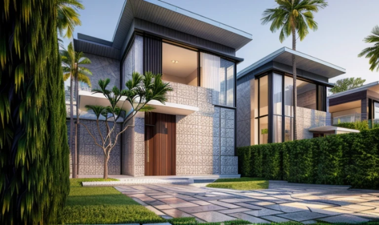(masterpiece),(high quality), best quality, real,(realistic), super detailed, (full detail),(4k),8k,modern house exterior design,Modern architecture,Beautiful_sky,Day light, no_humans, outdoors,sky,tree,Garden flower front of building,