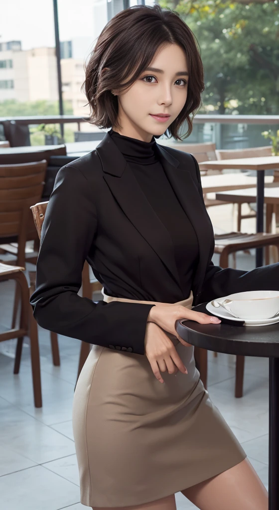 Photorealistic beautiful female student、24-year-old、amazingly beautiful、extremely fine-grained clarity、beautiful body、(highest quality、8K、32K、masterpiece、nfsw:1.3)、ultra high resolution,(Photoreal:1.4),RAW photo, detailed face,,beautiful hair, ((Doctor Style)), ,very short hair 、very short hair、amazingly beautiful double eyelids、beautiful nipples、 natural makeup,, small perfect breasts, wet hair、detailed background, perfect lighting, Depth of written boundary, beautiful shadow gradation、thin limbs、thin thighs、(whole body)、((business suit))、((skirt)), ((stylish cafe、Inside the store、cafe table and stylish chairs、coffee、Control your laptop))、Beautiful and slim perfect body、beautiful high nose、view from the side