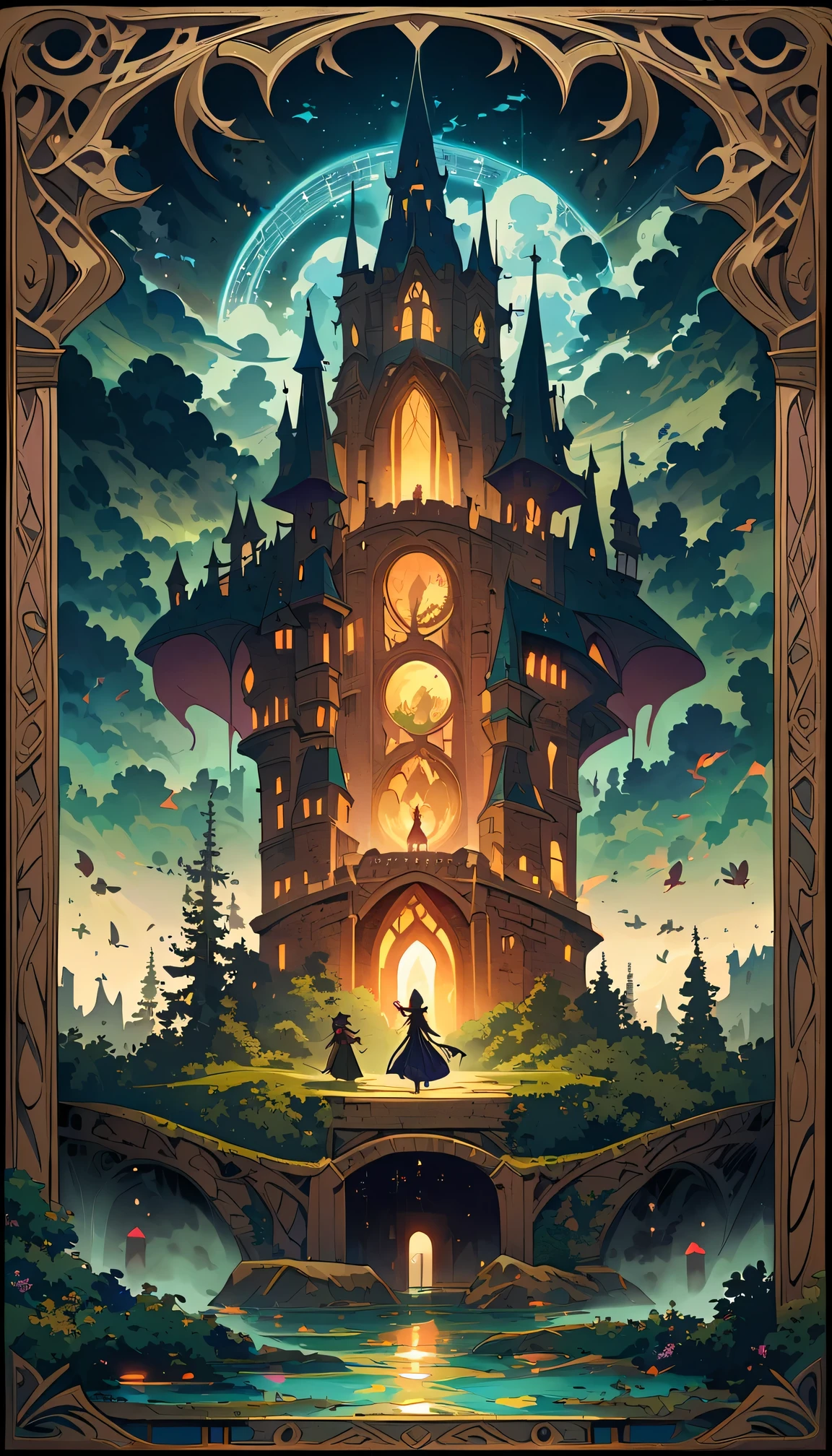 A poster of a castle with a clock tower in the middle - SeaArt AI