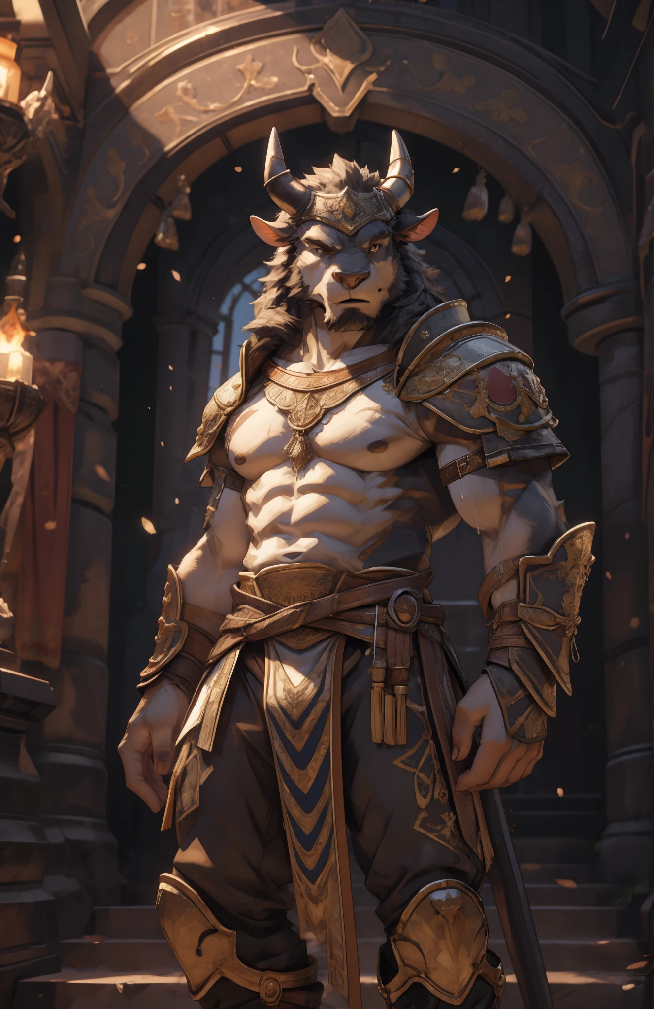 A Minotaur in a roman costume standing in front of a building, male warrior, muscular, gladiator armor, SFW, Sexybody, anthropomorphic, extra detailed body, detailed body, Best quality, masterpiece, ultra high res,detailed background,realistic, real shadow and light,depth of field, (View from beside ), details skin, fluffy, confident face, bad boy, sweaty, bulge, Minotaur.