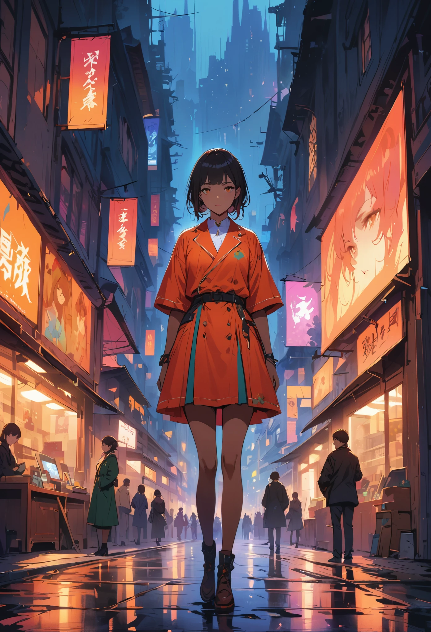 dark orange moonlight,dim orange neon light,night,Beautiful girls in school uniforms on the busy streets of Gintama, surrounded by traders, Beautiful portrait of a stunning goddess girl, Beautiful and delicate face, porcelain skin, full-body shot, center, super soft lighting, symmetry, complex, elegant, Very detailed, lifelike, art station, concept art, Smooth, As imagined by Greg Rutkowski and Borris Vallejo, cover, trendy style