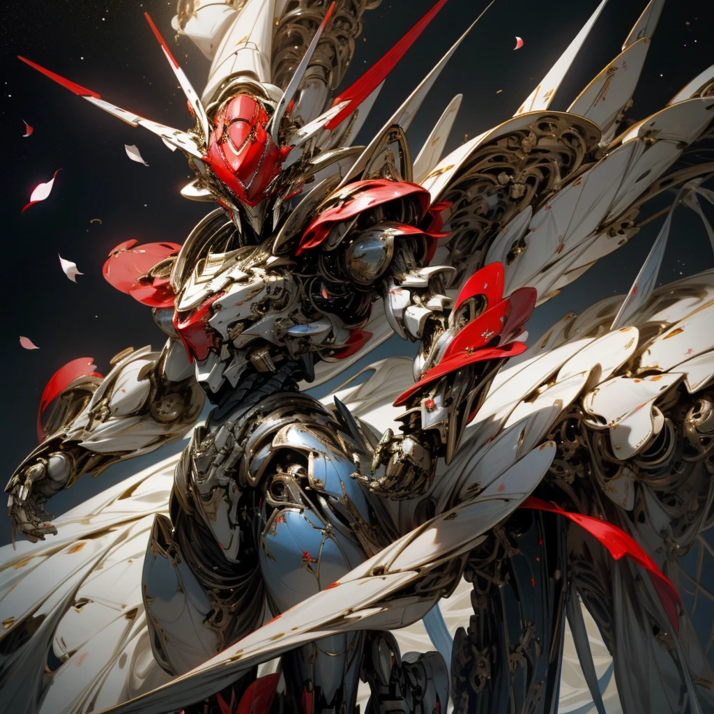 High resolution　８Ｋ　no distortion　Humanoid robot demonstrating in outer space　Body based on human anatomy　Elegant limbs　long streamlined head　Robot Face　The fingertips are thin and pointed　Large petal-like shoulder armor　Smooth crimson exterior armor　The mechanical parts are hidden by armor.　particles of light　Slender giant robot Japanese robot anime　full body shot　Playing the beam with a sword