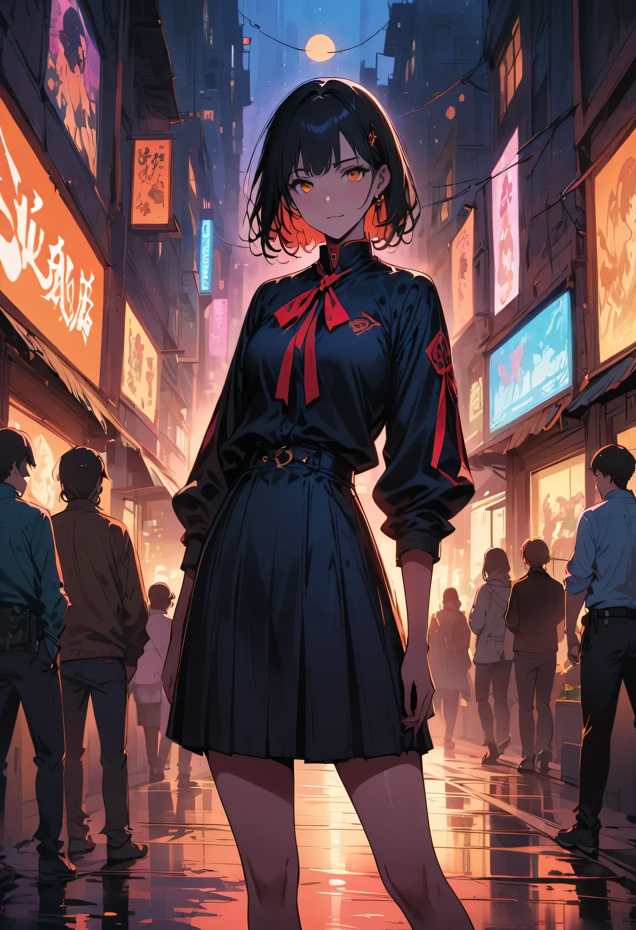 dark orange moonlight,dim orange neon light,night,Beautiful girls in school uniforms on the busy streets of Gintama, surrounded by traders, Beautiful portrait of a stunning goddess girl, Beautiful and delicate face, porcelain skin, full-body shot, center, super soft lighting, symmetry, complex, elegant, Very detailed, lifelike, art station, concept art, Smooth, As imagined by Greg Rutkowski and Borris Vallejo, cover, trendy style