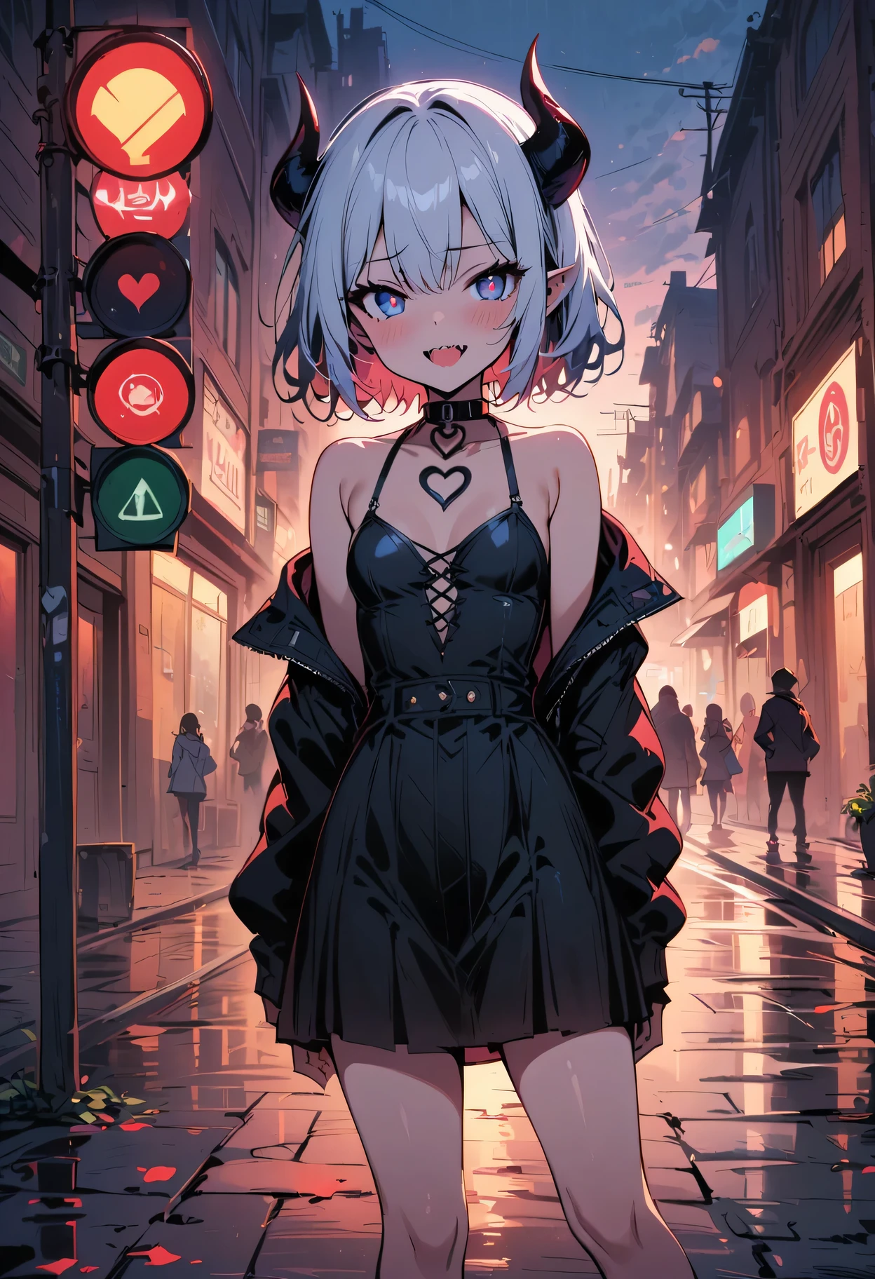 masterpiece, best quality, 1 girl,,small breasts,short hair,white hair,sharp teeth,fangs,collar,blue eyes,heart shaped pupils,devil horns,blush,(outdoor,pavement,traffic light,road sign),looking at the audience