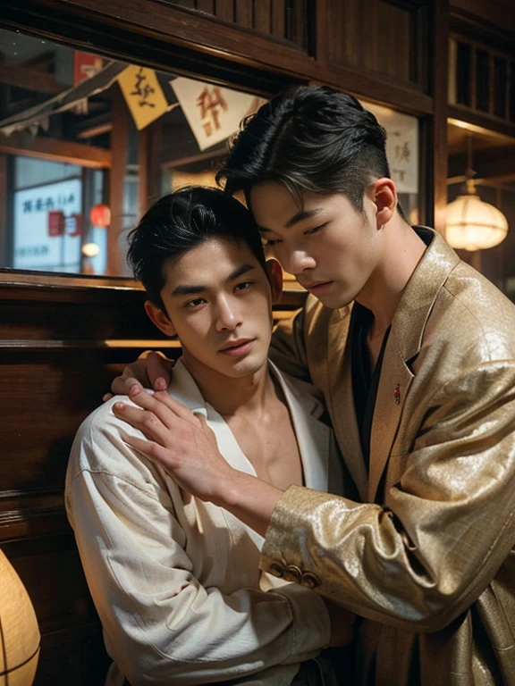masterpiece, Best Quality, two men, handsome athletic well-dressed 30 year old japanese mafia gangster Man hugging a muscular 30 year old muscular taiwanese hawker man, directly staring at each other romantically, hands stroking face, gentle smile, soft hair, exposed chest, full body, telephoto, super sharp focus, photorealistic, perfect hands, perfect fingers, perfect face, perfection, creative artistic framing, creative artistic angle, hongkong in the 70s setting, cinematic lighting, sexy, gay, homoerotic, scene evokes beautiful emotions of immense love and nostalgia, nostalgic, vintage photography, intricate details, highly detailed, rule of thirds, golden ratio, fill frame