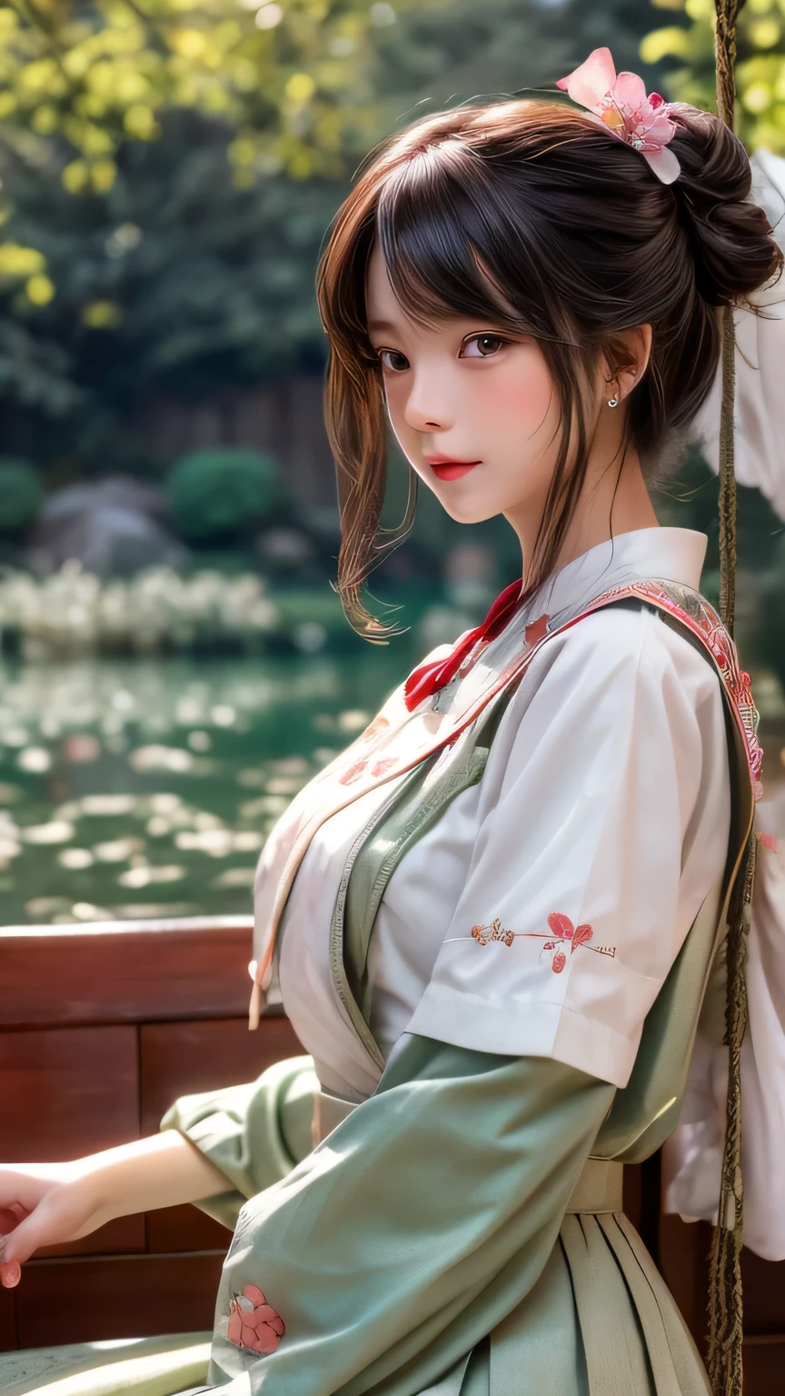 Dragon Ball　bloomers, futuristic scene, Mechanically enhanced Japanese high school girl、Elegant in an elaborate garden. She has beautifully detailed eyes and lips that complement her face. high school girl。.uniform。.。.。.。.。.。14 year old girl.. Around her are bright cherry blossoms and a quiet carp pond. The scenes are drawn using a combination of illustration and photorealism, cherry blossoms blizzard,Highly detailed brush strokes and sharpness, bright colors. Lighting that highlights the elegance of the uniform, gives softness to the skin, porcelain shine。. Artwork is of the highest quality, Exquisite costume details on display, cherry blossoms, . The overall color scheme is、、、、、、、、、、、traditional Japanese color combinations, crimson, hang on., bus stop、Swing、Headphones around the neck、Side view、Side view、whole body、hand between legs、high school student、from far away、Open the center