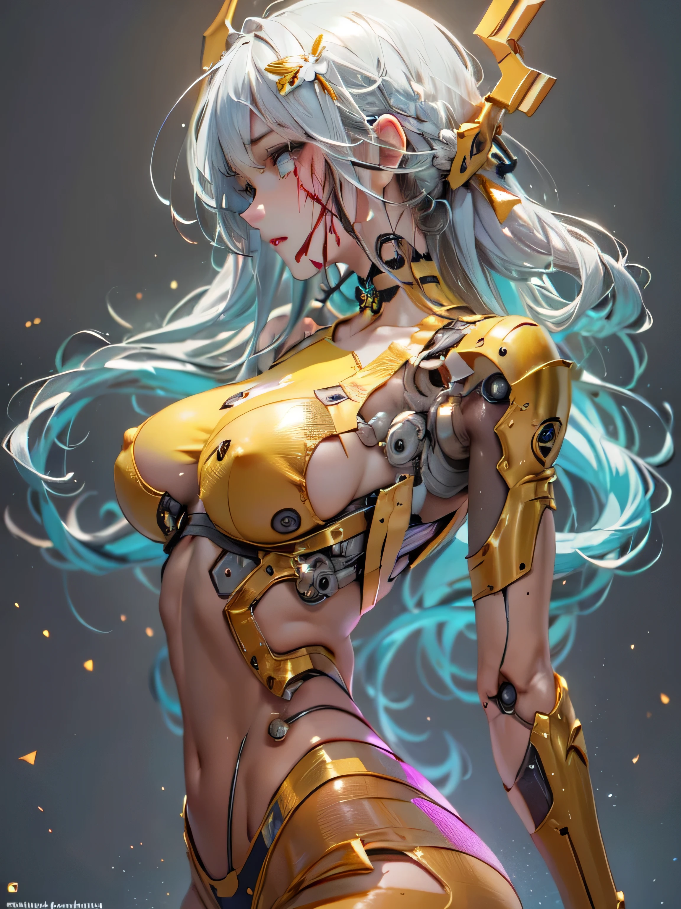(photorealistic:1.8, highest quality:1.8,8K masterpiece:1.8,High resolution,muste piece:1.8,RAW Photos,cinematic lighting),No split screen, cyber punk、graduate School、wet floor、 (1 android girl:1.3)、Completely naked、Full body tattoo、choker、beautiful breasts、T-shirt、beautiful butt、beautiful thighs、plump nipples、(Nipples visible through clothing)、cameltoe、metallic mask、
(mechanical art: 1.4)、(mechanical limbs)、(blood vessels attached to tubeechanical spine attached to the back)、(Mechanical cervical vertebrae attached to the neck)、
 Body painting with a pop design drawn all over the body、pop art design、Metallic art、cutting edge fashion、conceptual art、 (Beautifully shining vermilion, yellow, blue, white, silver, and gold hair:1.5)、shining blue eyes、Stoic