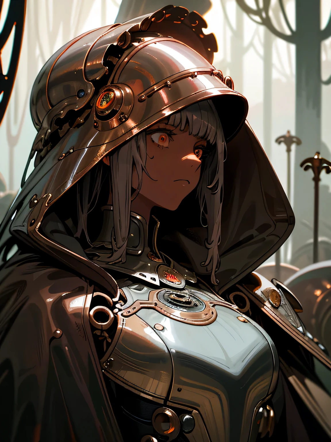 Dark fantasy, tentacle biopunk horror, knee length portrait, (gloomy automaton girl), (dark mechanical girl), dark skin, dark brown skin, brown skin, (copper skin), metallic gloss, silver breastplate, white mramor helmet, massive iron rings, devastated flooded gothic environment, (cold lighting), highly detailed art, many details, extremely detailed background