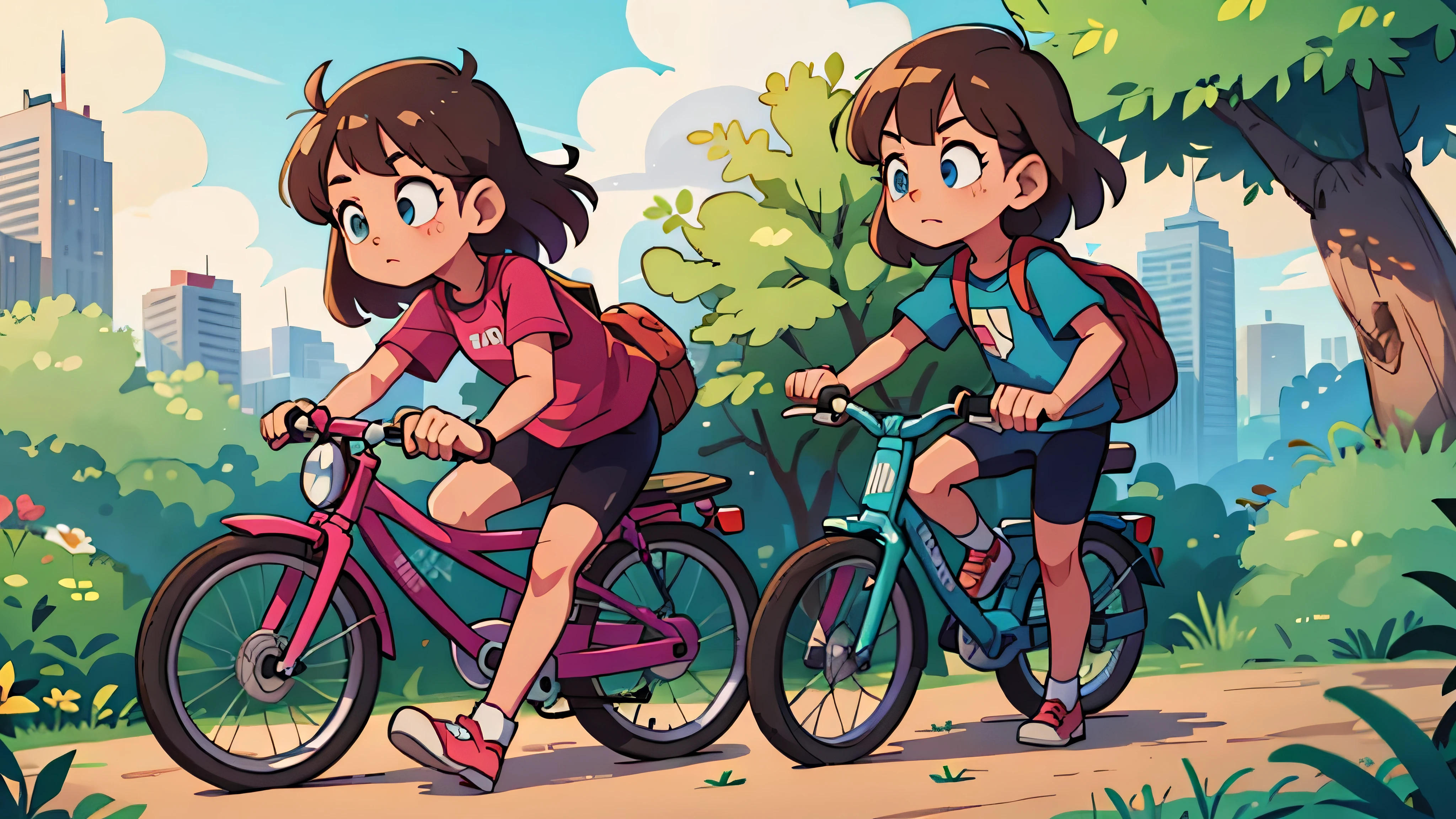andando de bike - (Two brunette twins, de 5 anos, roupas rosa)
