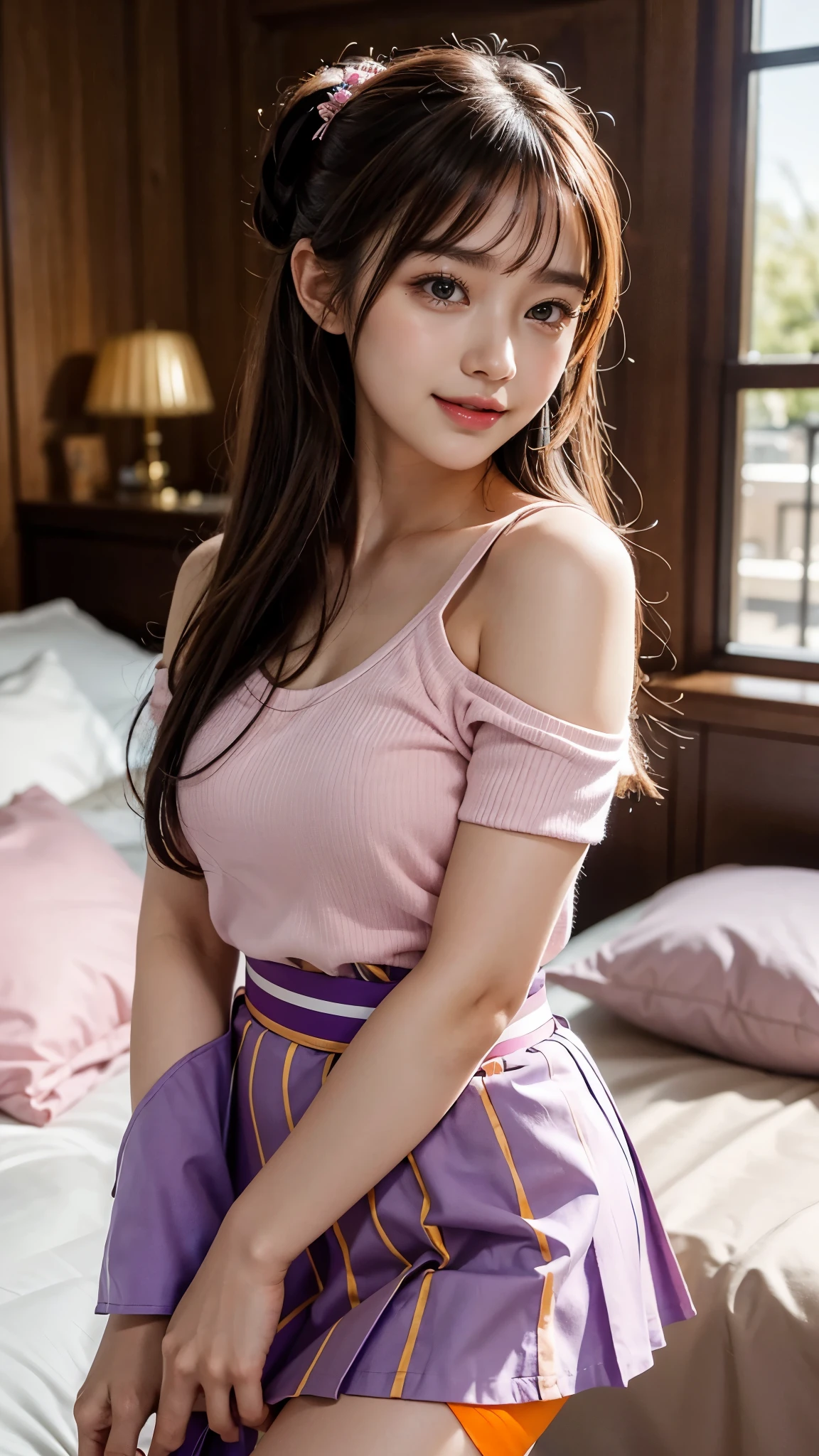 (masterpiece:1.5),(highest quality:1.5),(Highest quality:1.5),(8K:1.5),A female elementary school student wearing a very short pink checked skirt,Young face,smile,(Big Breasts:1.2),Very tight shirt,(Angle from below:1.3),Panty shot,Junior idol,Lying on the bed