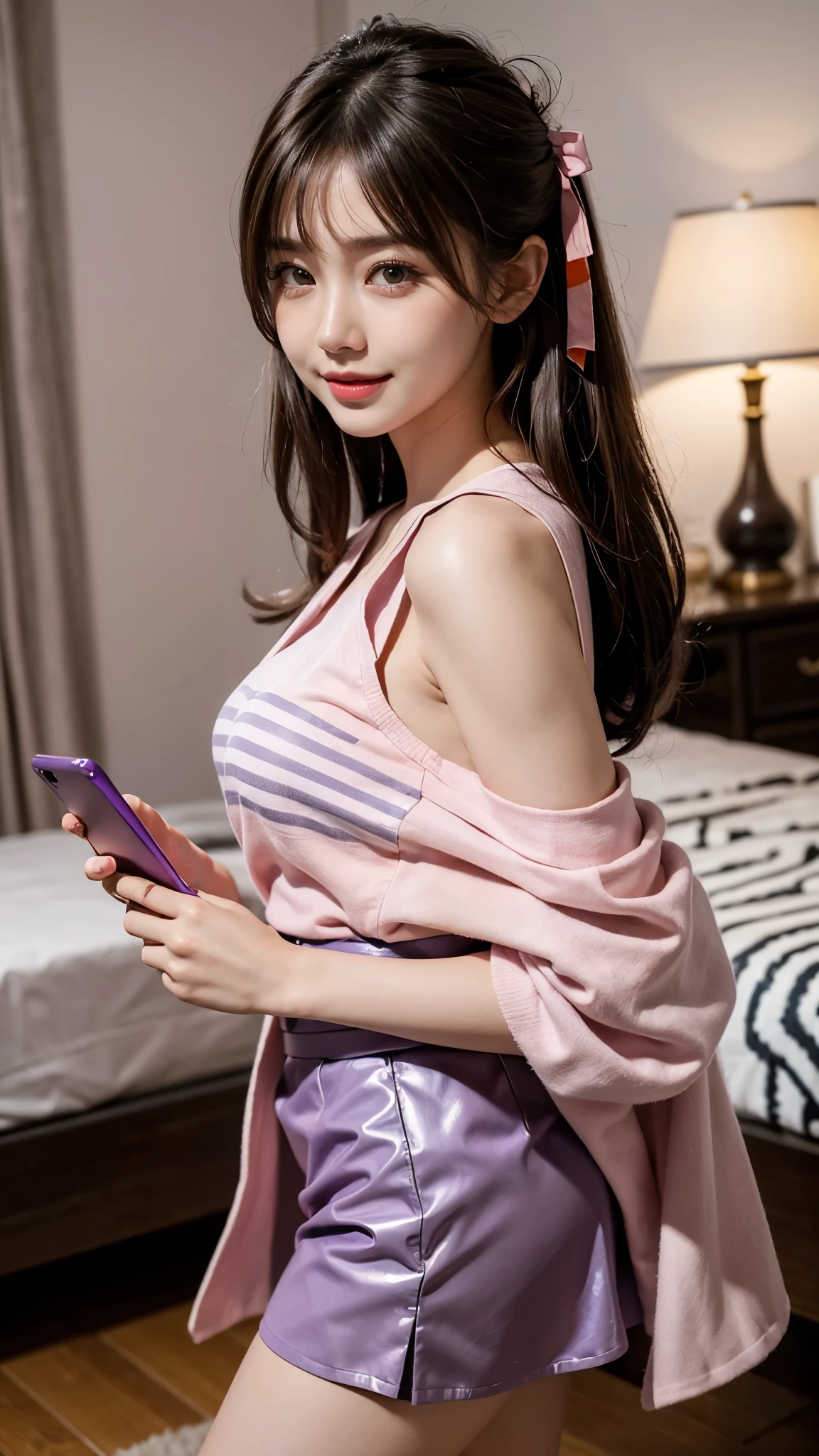 Unbeatable masterpiece, Ultra photo realsisim, Perfect artwork, Intricate details, Best quality, strong lights,High contrast, masutepiece , Best quality , offcial art ,the Extremely Detailed CG Unity 8K Wallpapers ,1girll , 25 Years Beautiful Korean Girl, Solo , Realistic , 64k,  Makeup , A high resolution , full body Esbian , view the viewer , Smile, bangs , Bare shoulders , Brown hair ,crossed bangs , hair between eye , ((pink tshirt with purple skirt)) , komono , Long ,Mask , masks on head , cropped shoulders , cparted lips , Red eyes , standing, red kimono , sash , skyporn , Solo , striped ribbon , double tails , Very hairy , Wide sleeves , (Shiny skin) , Beautiful Smile, (smile: 1.2), Stylish poses, Sexy angles, Bedroom, (pink bedroom), (Purple bed), ((orange juice glass in hand)), mobile phone, bracelet, pillow, standing 