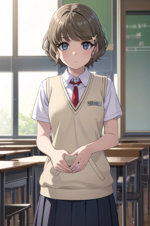 tomoekoga, Chie Koga, short hair, brown hair, blue eyes, hair clip,
break skirt, shirt, , white shirt, short sleeve, pleated skirt, tie, collared shirt, red tie, sweater vest,
break indoors, classroom,
break looking at viewer, (cowboy shot:1.5),
break (masterpiece:1.2), highest quality, High resolution, unity 8k wallpaper, (figure:0.8), (detailed and beautiful eyes:1.6), highly detailed face, perfect lighting, Very detailed CG, (perfect hands, perfect anatomy),