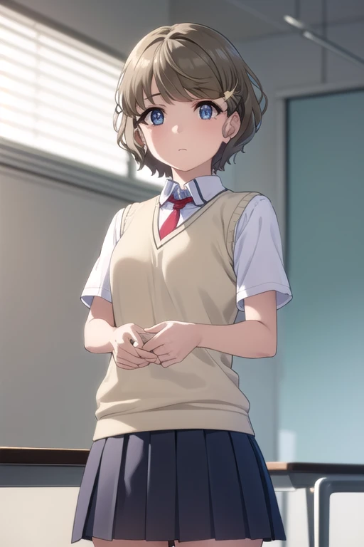 tomoekoga, Chie Koga, short hair, brown hair, blue eyes, hair clip,
break skirt, shirt, , white shirt, short sleeve, pleated skirt, tie, collared shirt, red tie, sweater vest,
break indoors, classroom,
break looking at viewer, (cowboy shot:1.5),
break (masterpiece:1.2), highest quality, High resolution, unity 8k wallpaper, (figure:0.8), (detailed and beautiful eyes:1.6), highly detailed face, perfect lighting, Very detailed CG, (perfect hands, perfect anatomy),