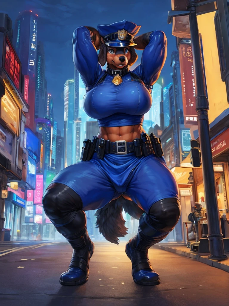 (masterpiece), (best quality),Woman ((anthro)) ,dog, doberman,shepherd,((police woman)), brown skin,1girl,solo,volumetric lighting, fluff,mature female, cute face, irate, volumetric lighting, dark ,street at night, police hat, blue cloth, burly girl, brawny girl,long legs,huge breasts,huge ass, full body view, (spread legs wide:1),(arms behind head:1), standing squatting ,athlete,tight waist,musclar arms,dr comet,pochincoff,Pixelsketcher, (mayosplash), (wamudrawasterpiece),cutesexyrobutts, hioshiru,kingbang,Dog Collar