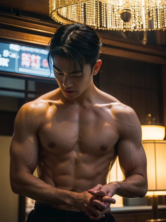 masterpiece, Best Quality, two men, handsome athletic well-dressed 30 year old japanese mafia gangster Man hugging a muscular 30 year old muscular taiwanese hawker man, directly staring at each other romantically, hands stroking face, gentle smile, soft hair, exposed chest, full body, telephoto, super sharp focus, photorealistic, perfect hands, perfect fingers, perfect face, perfection, creative artistic framing, creative artistic angle, hongkong in the 70s setting, cinematic lighting, sexy, gay, homoerotic, scene evokes beautiful emotions of immense love and nostalgia, nostalgic, vintage photography, intricate details, highly detailed, rule of thirds, golden ratio, fill frame