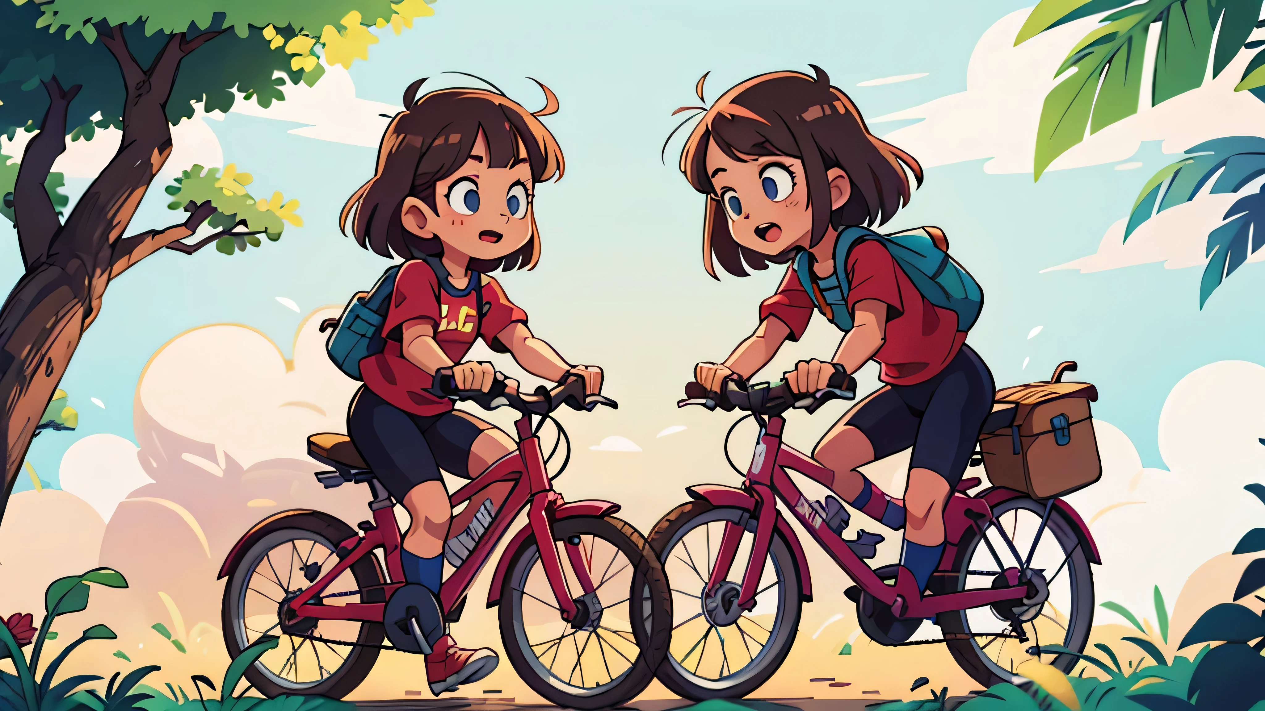 andando de bike - (Two brunette twins, de 5 anos, roupas rosa)