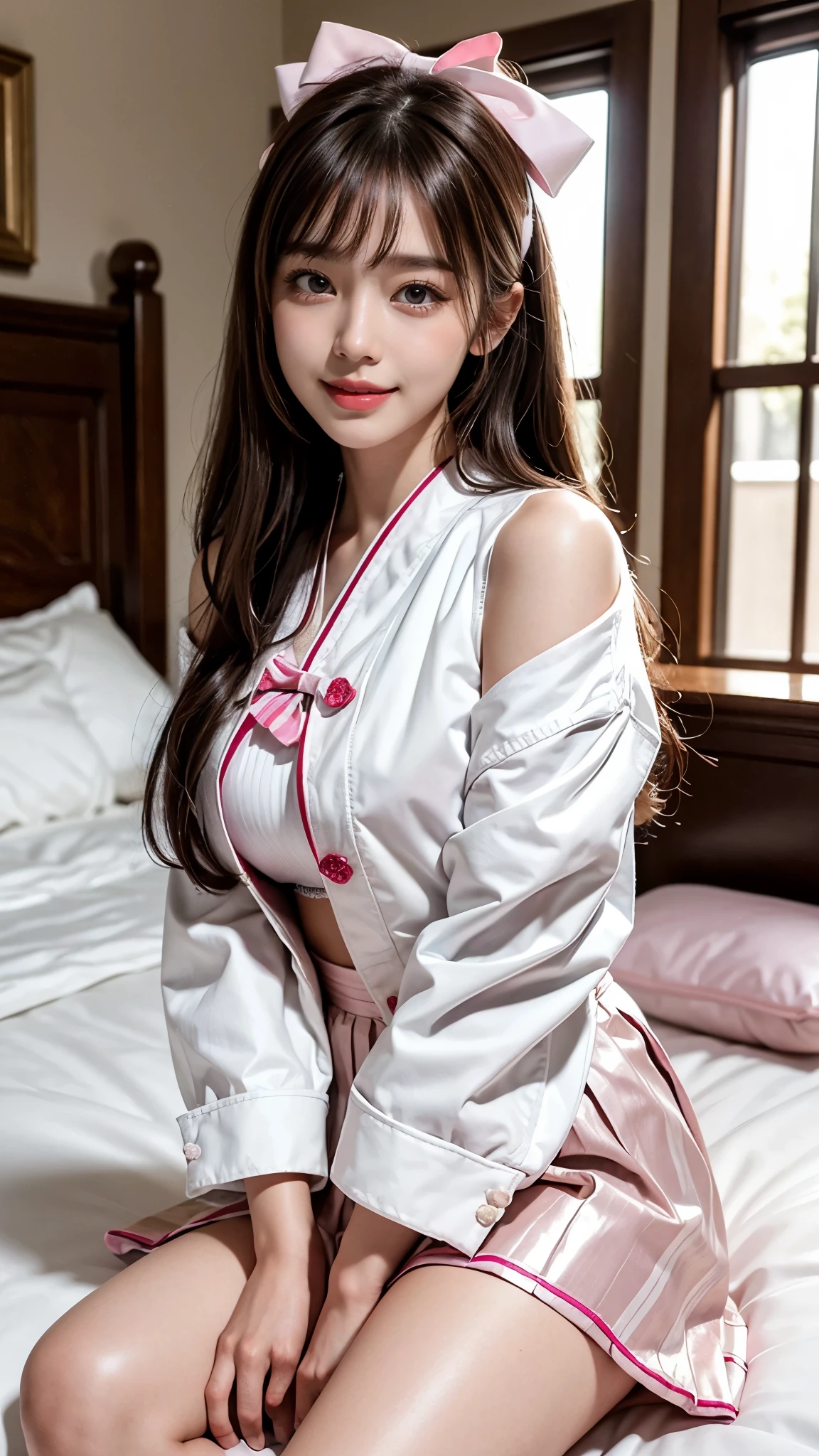 Unbeatable masterpiece, Ultra photo realsisim, Perfect artwork, Intricate details, Best quality, strong lights,High contrast, masutepiece , Best quality , offcial art ,the Extremely Detailed CG Unity 8K Wallpapers ,1girll , 25 Years Beautiful Korean Girl, Solo , Realistic , 64k,  Makeup , A high resolution , full body Esbian , view the viewer , Smile, bangs , Bare shoulders , Brown hair ,crossed bangs , hair between eye , ((White Jacket With Pink Skirt)) , komono , Long ,Mask , masks on head , cropped shoulders , cparted lips , Red eyes , red kimono , Red ribbon ,bow ribbon , sash , skyporn , Solo , striped ribbon , double tails , Very hairy , Wide sleeves , (Shiny skin) , Beautiful Smile, (smile: 1.2), Stylish poses, Sexy angles, Bedroom, (pink bedroom), (Purple bed), 