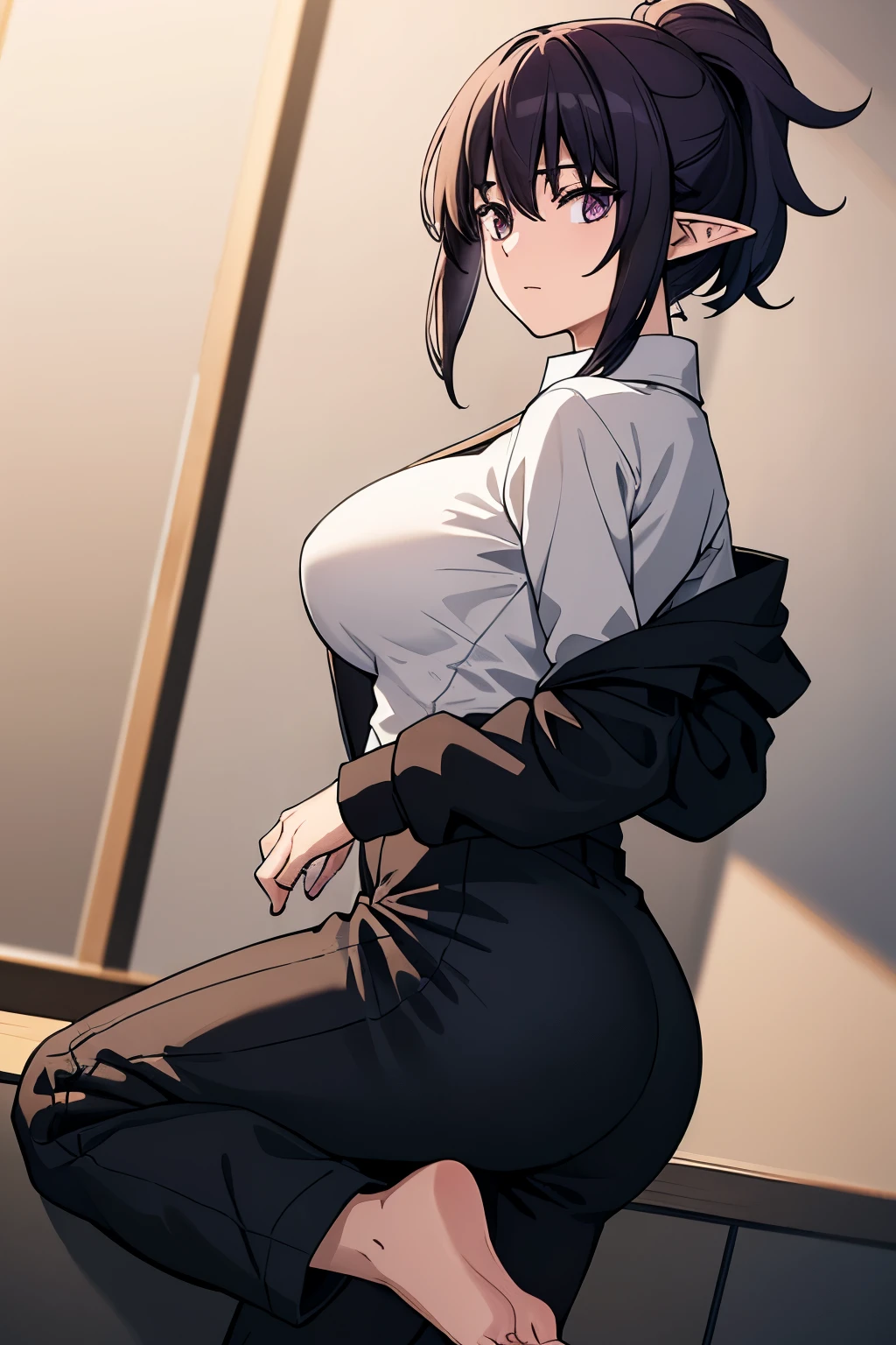 (Ultra Real), (Illustration), (High Resolution), (8K), (Very Detailed), (Best Illustration), (Beautiful Detailed Eyes), (Best Quality), (Ultra Detailed), (Masterpiece) very big breasts, Bare shoulders attractive legs, (busty), (perky) (huge ass) (bubble butt) human_feet, messy hair, black hair, (purple eyes:1.1), barefoot, 1girl, mole under eye, short hair, catlike puples, thick thighs, wide hips, shirt, long sleeves, jacket, white shirt, collared shirt, shorts, black jacket, black pants, Wolbach from Konosuba, bindi dot, elf ears black gloves middle part hair, Wolbach, solo, multicolored eyes, parted bangs