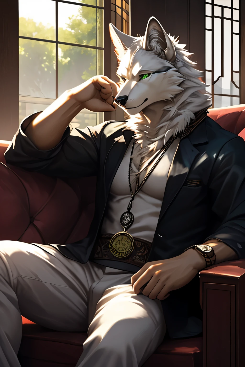 4k, ,8K, A high resolution, best quality, perfect colors, perfect shadows, perfect lighting, male, furry, anthro, solo, (Realistic eye details 1.2), Oriental White Wolf(species),Casual attire,Deep green eyes,toned figure,Overcast personality,Holding a pocket watch,sitting in the couch,Holding a ring