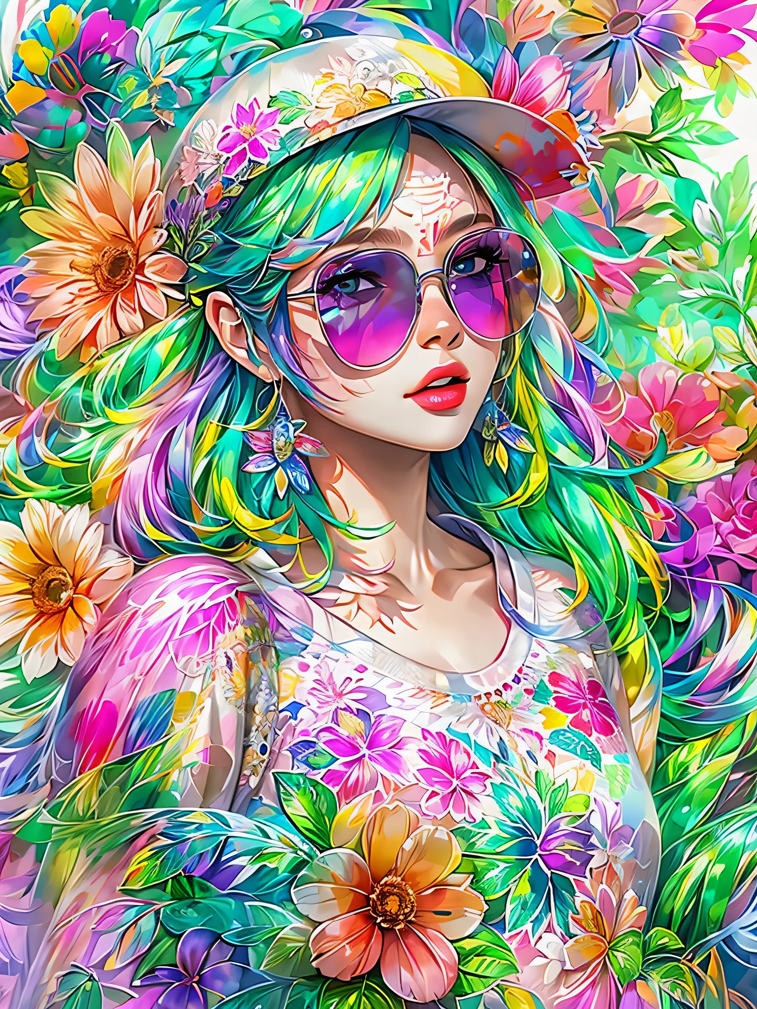 8K quality, watercolor painting, stylish design, (((The strongest beautiful girl of all time))), (((Japanese)))、Idol、clear, Stylish sunglasses, Fashionable hats, (((highest quality))), bob hair, HDR, ((Detailed details)), SKULL fashion, detailed clothing texture, (((graffiti art))), colorful hair, ((masterpiece))、((Super detailed))、(((colorful flowers)))