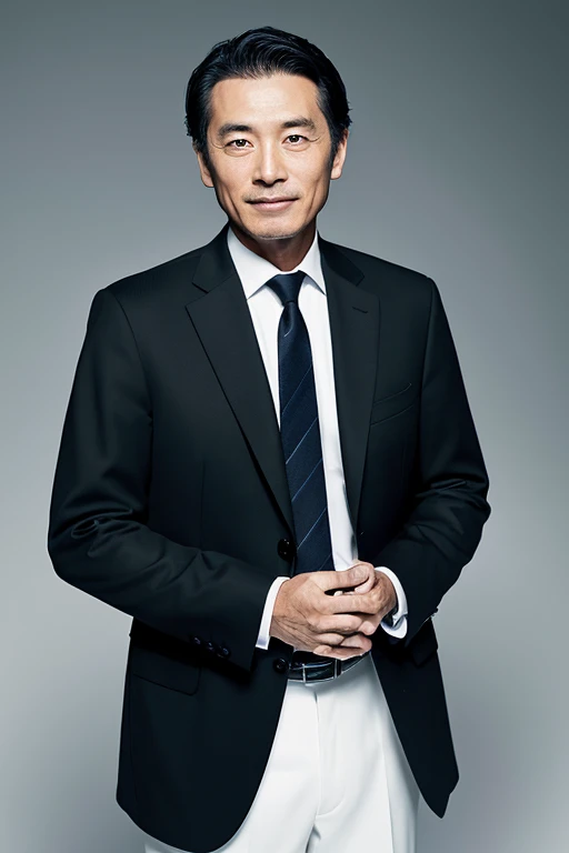 Japanese man, 50 years old, business consultant, wearing a black suit, white background, shaking hands with you