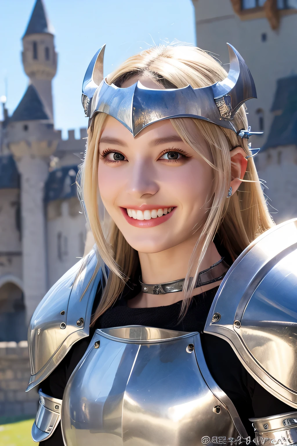 8K、highest quality、female knight、The background is a castle、Luxurious Silver Armor、heavy equipment、hairstyle shortcut、smile、beautiful teeth、full body photo、ear piercing、Dragon Helm、blonde、white woman、