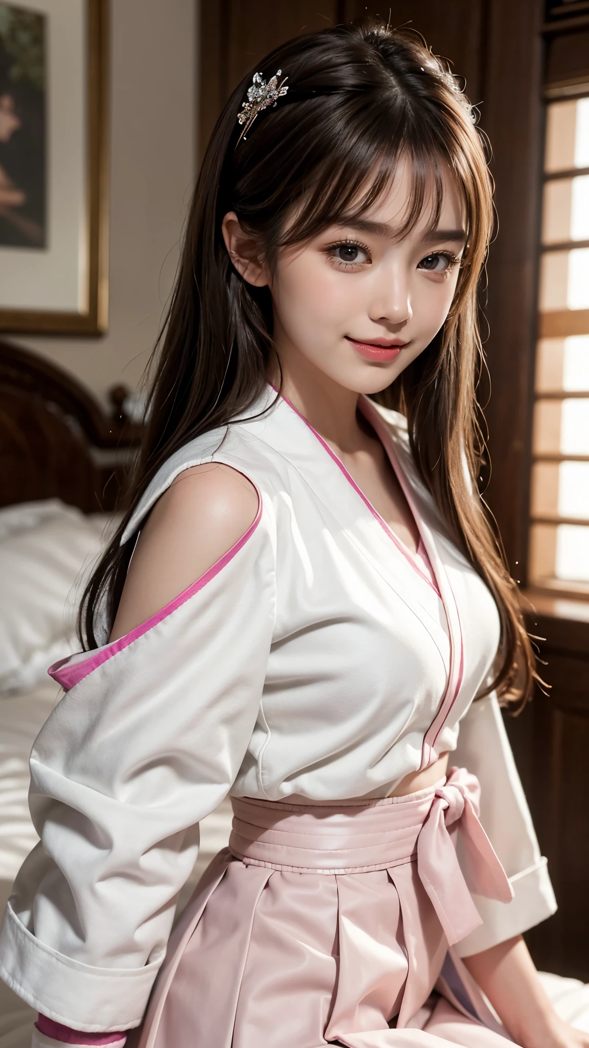Japanese girl with a fan in her hand，komono，cyber punk perssonage，White color hair，Huge pink glow on background，Ambient light，zodiac girl's,punk，Full body like，whole body display，Exposing thighs，Oversized bust，sitting down，sexyposture，Legs