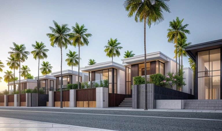 (masterpiece),(high quality), best quality, real,(realistic), super detailed, (full detail),(4k),8k,modern house exterior design,Modern architecture,Beautiful_sky,Day light, no_humans, outdoors,sky,tree,Garden flower front of building,