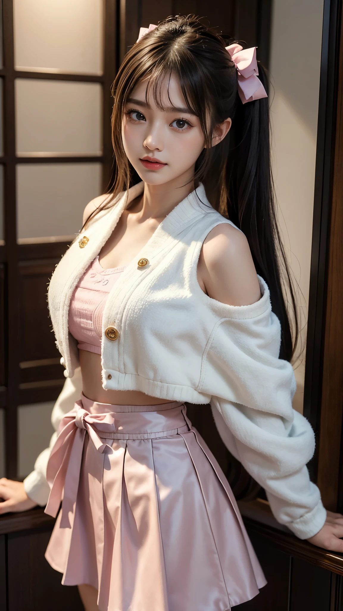 Unbeatable masterpiece, Ultra photo realsisim, Perfect artwork, Intricate details, Best quality, strong lights,High contrast, masutepiece , Best quality , offcial art ,the Extremely Detailed CG Unity 8K Wallpapers ,1girll , 24 Years Beautiful Korean Girl, Solo , Realistic , 64k,  Makeup , A high resolution , full body Esbian , view the viewer , Smile, bangs , Bare shoulders , Brown hair ,crossed bangs , hair between eye , ((White Jacket With Pink Skirt)) , komono , Long ,Mask , masks on head , cropped shoulders , cparted lips , Red eyes , red kimono , Red ribbon ,bow ribbon , sash , skyporn , Solo , striped ribbon ,taihou \(Rainel Blue) , double tails , Very hairy , Wide sleeves , (Shiny skin) ,