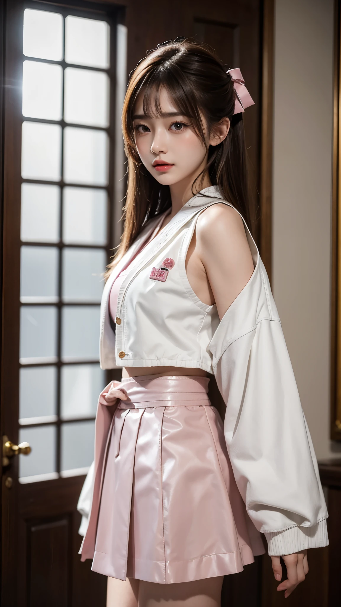 Unbeatable masterpiece, Ultra photo realsisim, Perfect artwork, Intricate details, Best quality, strong lights,High contrast, masutepiece , Best quality , offcial art ,the Extremely Detailed CG Unity 8K Wallpapers ,1girll , 24 Years Beautiful Korean Girl, Solo , Realistic , 64k, Makeup , A high resolution , full body Esbian , view the viewer , Smile, bangs , Bare shoulders , Brown hair ,crossed bangs , hair between eye , ((White Jacket With Pink Skirt)) , komono , Long ,Mask , masks on head , cropped shoulders , cparted lips , Red eyes , red kimono , Red ribbon ,bow ribbon , sash , skyporn , Solo , striped ribbon ,taihou \(Rainel Blue) , double tails , Very hairy , Wide sleeves , (Shiny skin) ,