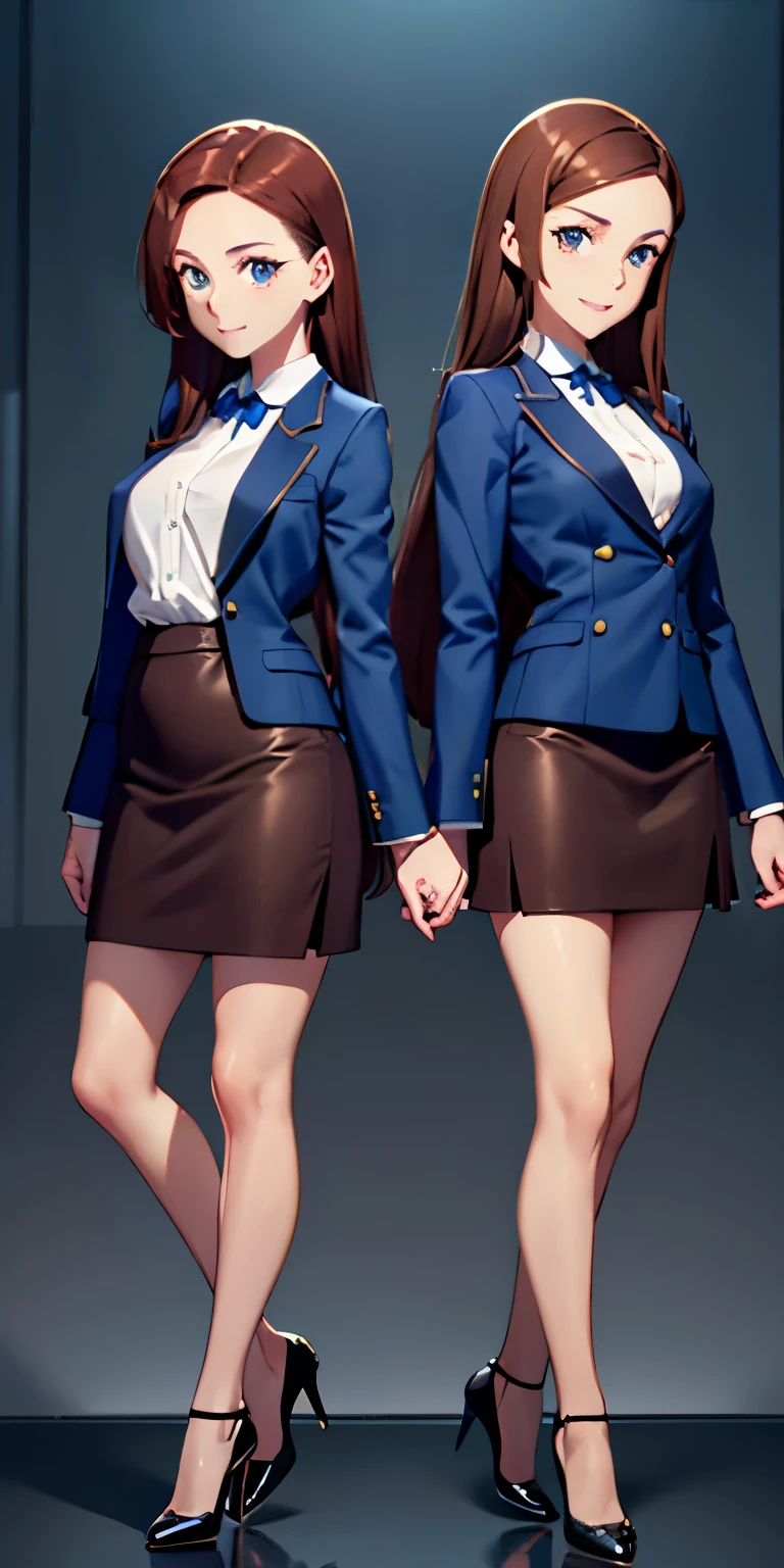 woman, brown hair, wavy hair, hazel eyes, very detailed, smile, dark blue blazer, white blouse, Dark blue knee-length pencil skirt, exposed legs, black high heels, full body shot, same pose, matching outfit, same clothes, twin sisters