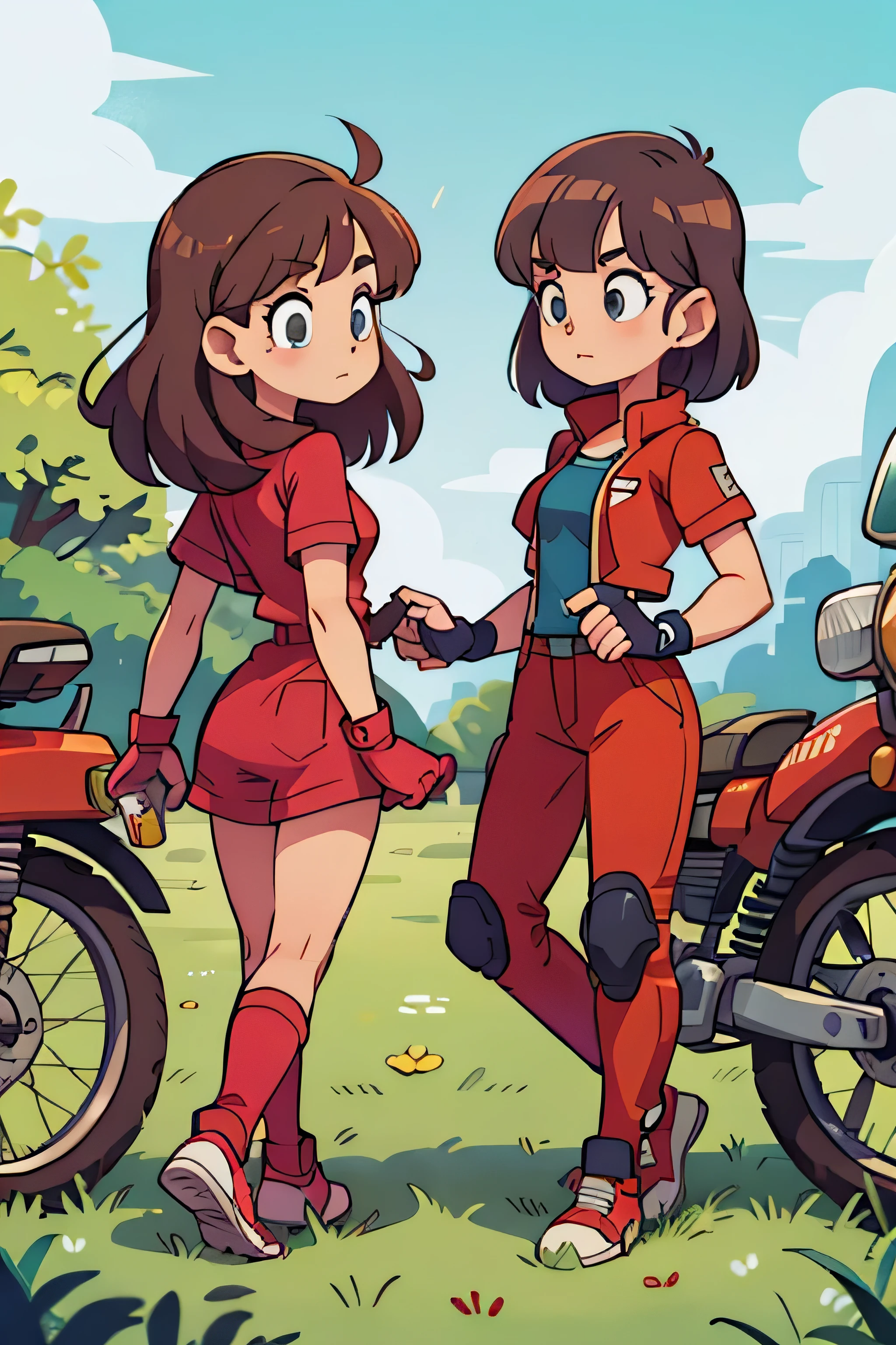 as gemeas andando de moto - (Two brunette twins, de 5 anos, roupas rosa)