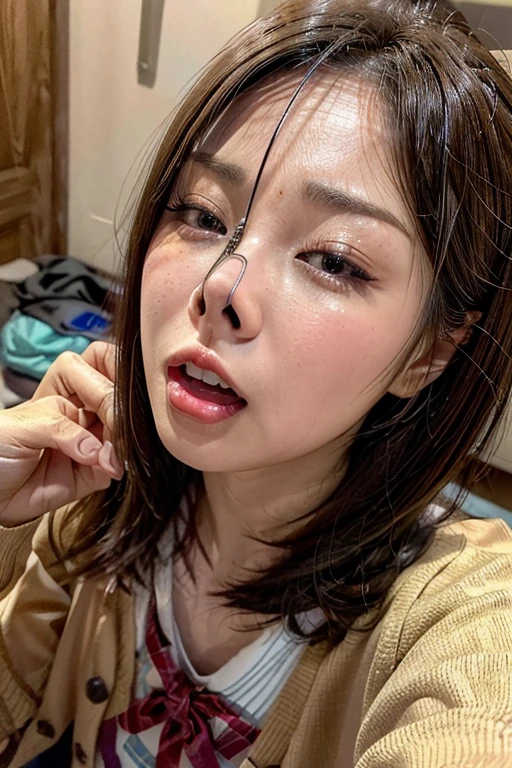 (Realistic:1.3、Ultra HD、Ultra-high resolution、8K、Japanese Housewife、寝室でBlowjobチオをするMature Woman、At the bed)、((Look Viewer:1.8))、(Extremely realistic skin texture:1.4)、(Realistic:1.3)、short hair、((Embarrassed expression:1.5))、(blonde:1.5)、48-year-old woman、Mature Woman、Ponytail Hairstyles、(Brown eyes:1.3)、(Face close-up:1.38)、(Sweaty:1.2)、(Nipplesを見せる)、((衣服から突き出たNipples,))、dress、美しいNipples、Nipples、Drooling、((Blowjob、Cum in mouth、Bukkake))