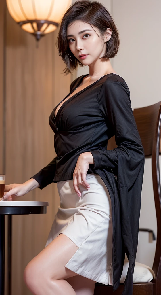 Photorealistic beautiful female student、24-year-old、amazingly beautiful、extremely fine-grained clarity、beautiful body、(highest quality、8K、32K、masterpiece、nfsw:1.3)、ultra high resolution,(Photoreal:1.4),RAW photo, detailed face,,beautiful hair, ((Doctor Style)), ,very short hair 、very short hair、amazingly beautiful double eyelids、beautiful nipples、 natural makeup,, small perfect breasts, wet hair、detailed background, perfect lighting, Depth of written boundary, beautiful shadow gradation、thin limbs、thin thighs、(whole body)、((business suit))、((skirt)), ((stylish cafe、Inside the store、cafe table and stylish chairs、coffee、Control your laptop))、Beautiful and slim perfect body、beautiful high nose、view from the side