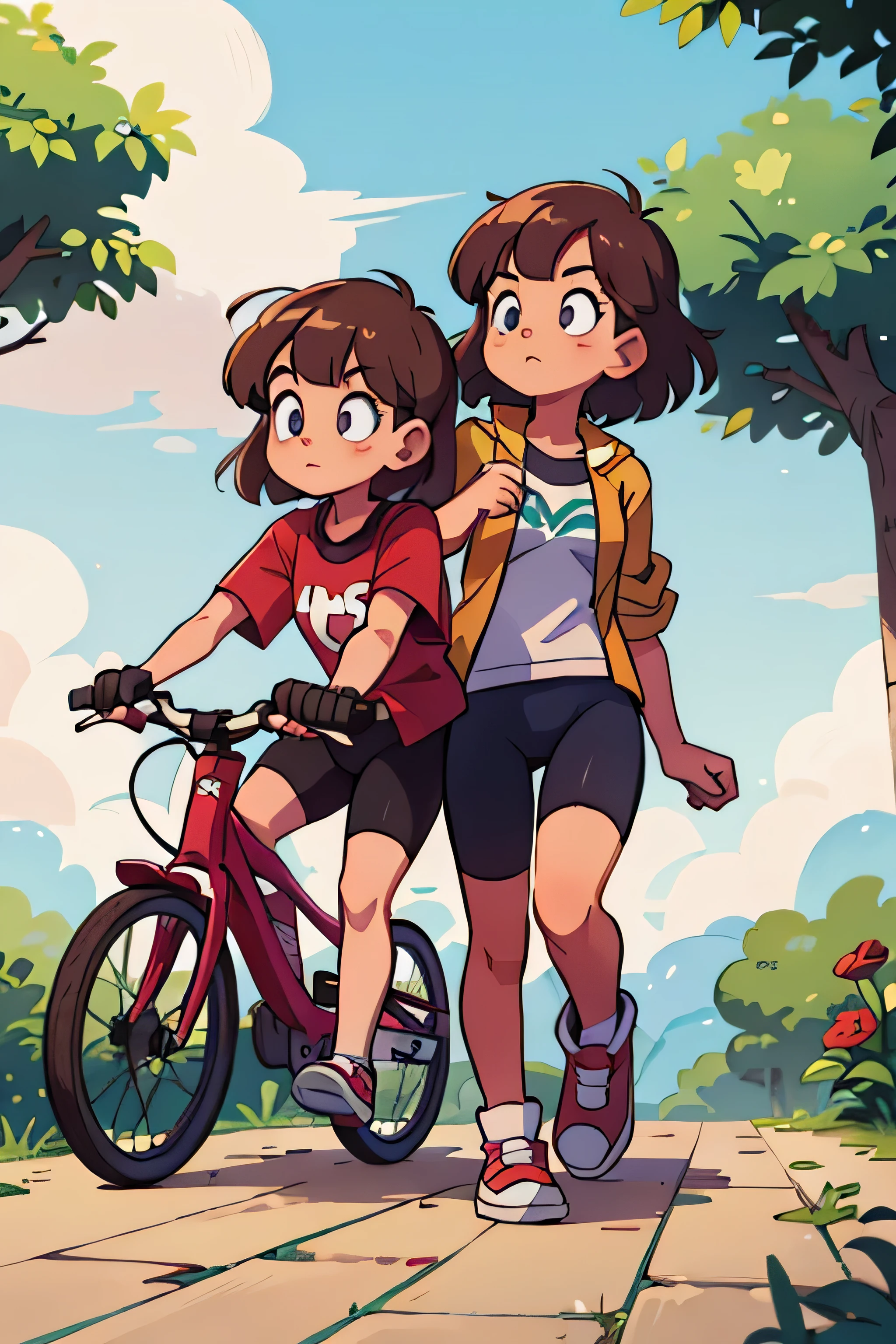 andando de bike - (Two brunette twins, de 5 anos, roupas rosa)