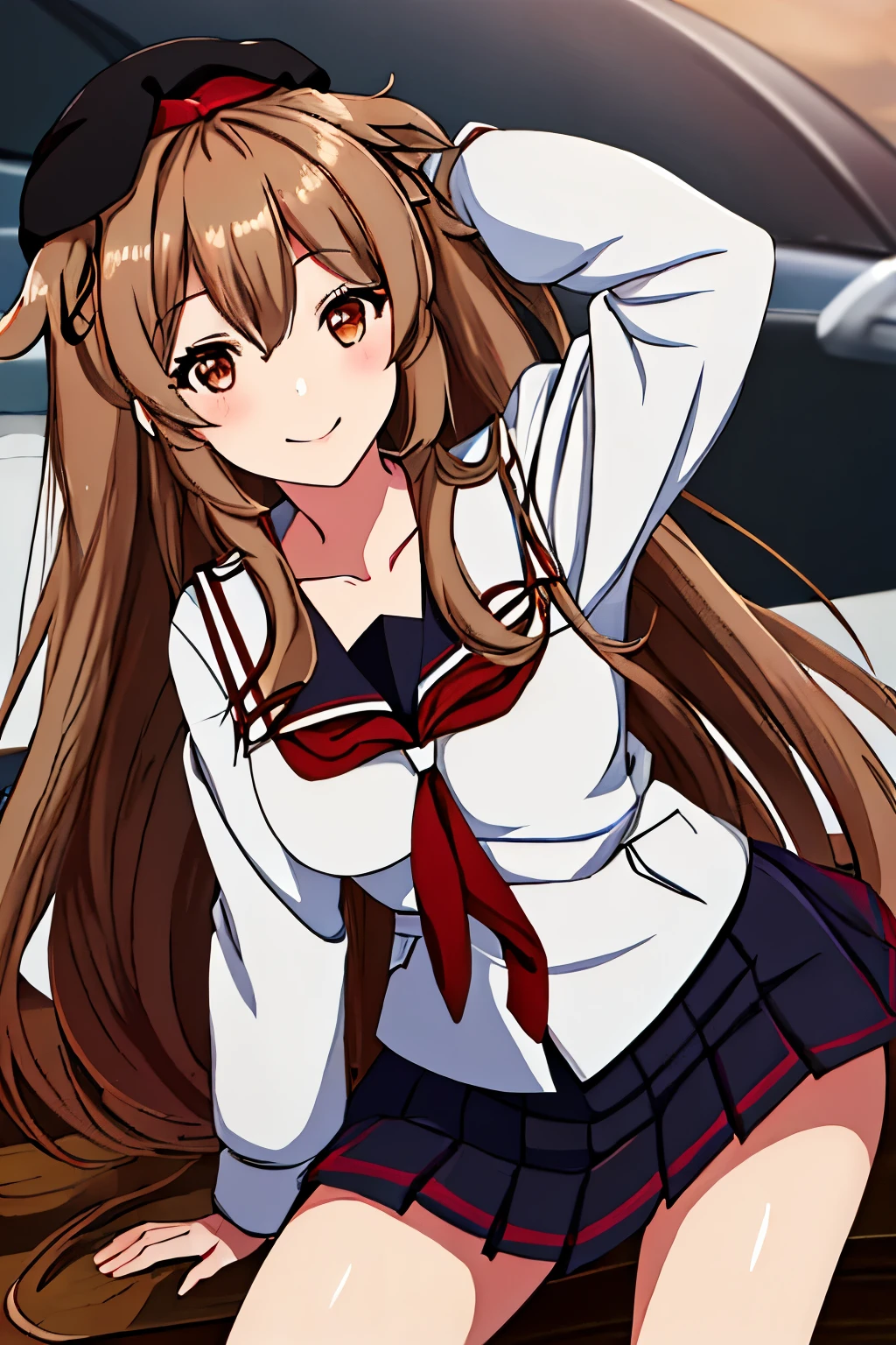 highest quality, masterpiece, High resolution, 1 girl,  (Murasame　Change two　Fleet Collection:1.15), long hair, Light brown hair, brown eyes, red eyes, ribbon, smile, black sailor uniform, pleated skirt, black beret