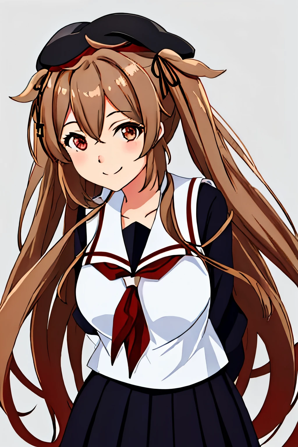 highest quality, masterpiece, High resolution, 1 girl,  (Murasame　Change two　Fleet Collection:1.15), long hair, Light brown hair, brown eyes, red eyes, ribbon, smile, black sailor uniform, pleated skirt, black beret